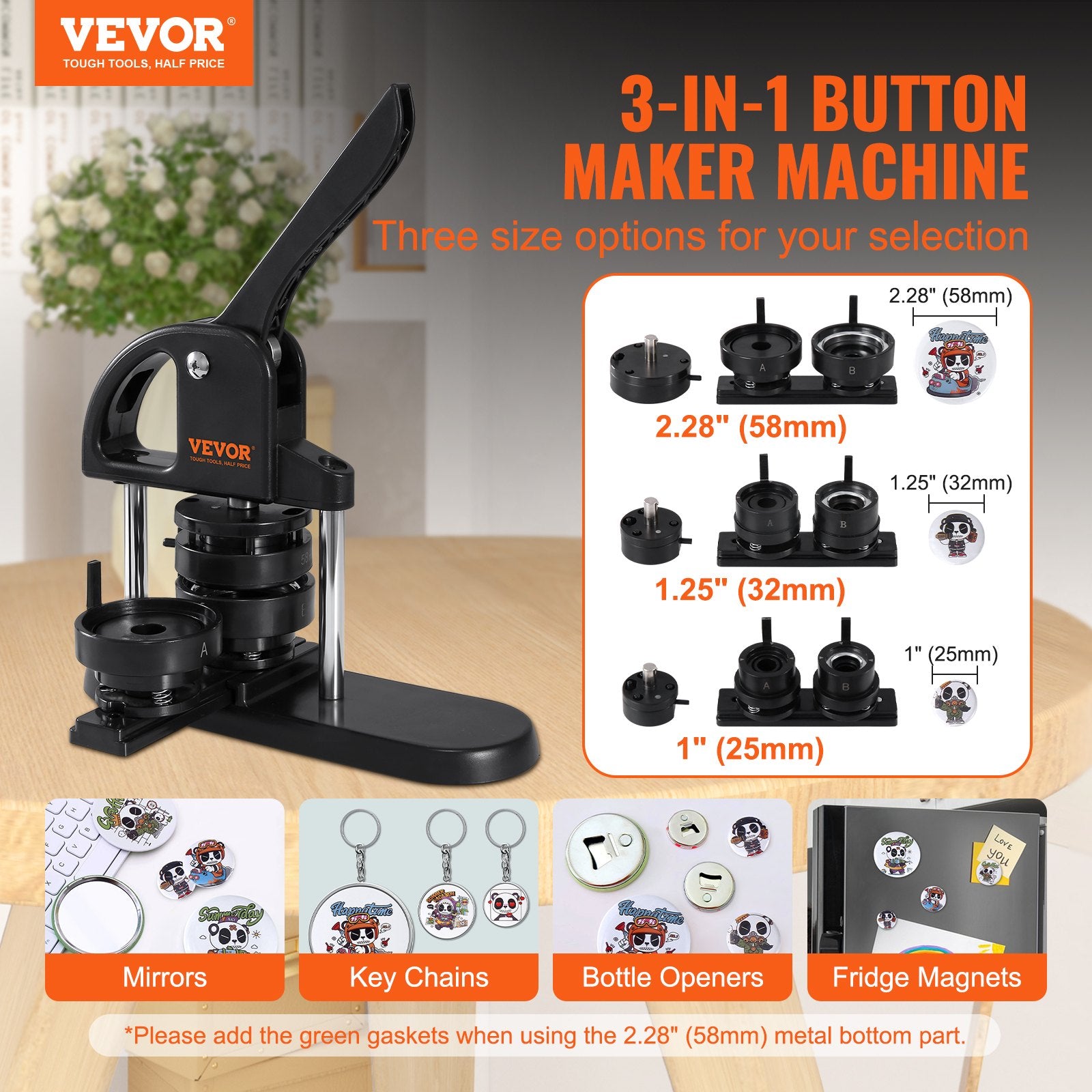 Button Maker Machine, 1/1.25/2.28 inch(25/32/58mm) 3-in-1 Pin Maker, Installation-Free Badge Punch Press Kit, Button Making Supplies with 300pcs Button Parts, Circle Cutter, Magic Book - Image 2