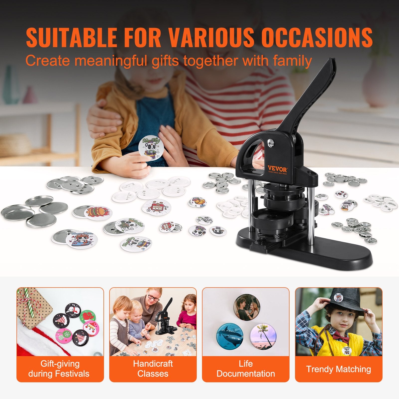 Button Maker Machine, 1/1.25/2.28 inch(25/32/58mm) 3-in-1 Pin Maker, Installation-Free Badge Punch Press Kit, Button Making Supplies with 300pcs Button Parts, Circle Cutter, Magic Book - Image 6