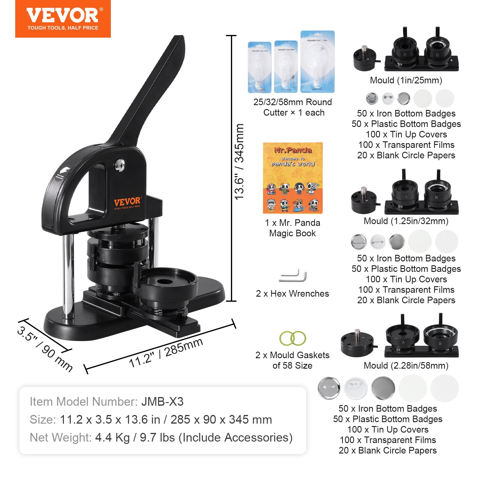 Button Maker Machine, 1/1.25/2.28 inch(25/32/58mm) 3-in-1 Pin Maker, Installation-Free Badge Punch Press Kit, Button Making Supplies with 300pcs Button Parts, Circle Cutter, Magic Book - Image 7