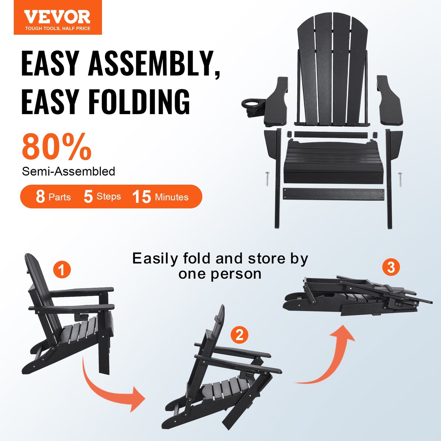 Adirondack Chair Plastic, Set of 2 All-Weather Portable Folding Fire Pit Chair, Outdoor Adirondack Patio Chair with Cup Holder, with Relaxing Arm Rest Ergonomic, for Garden, Backyard - Black - Image 2