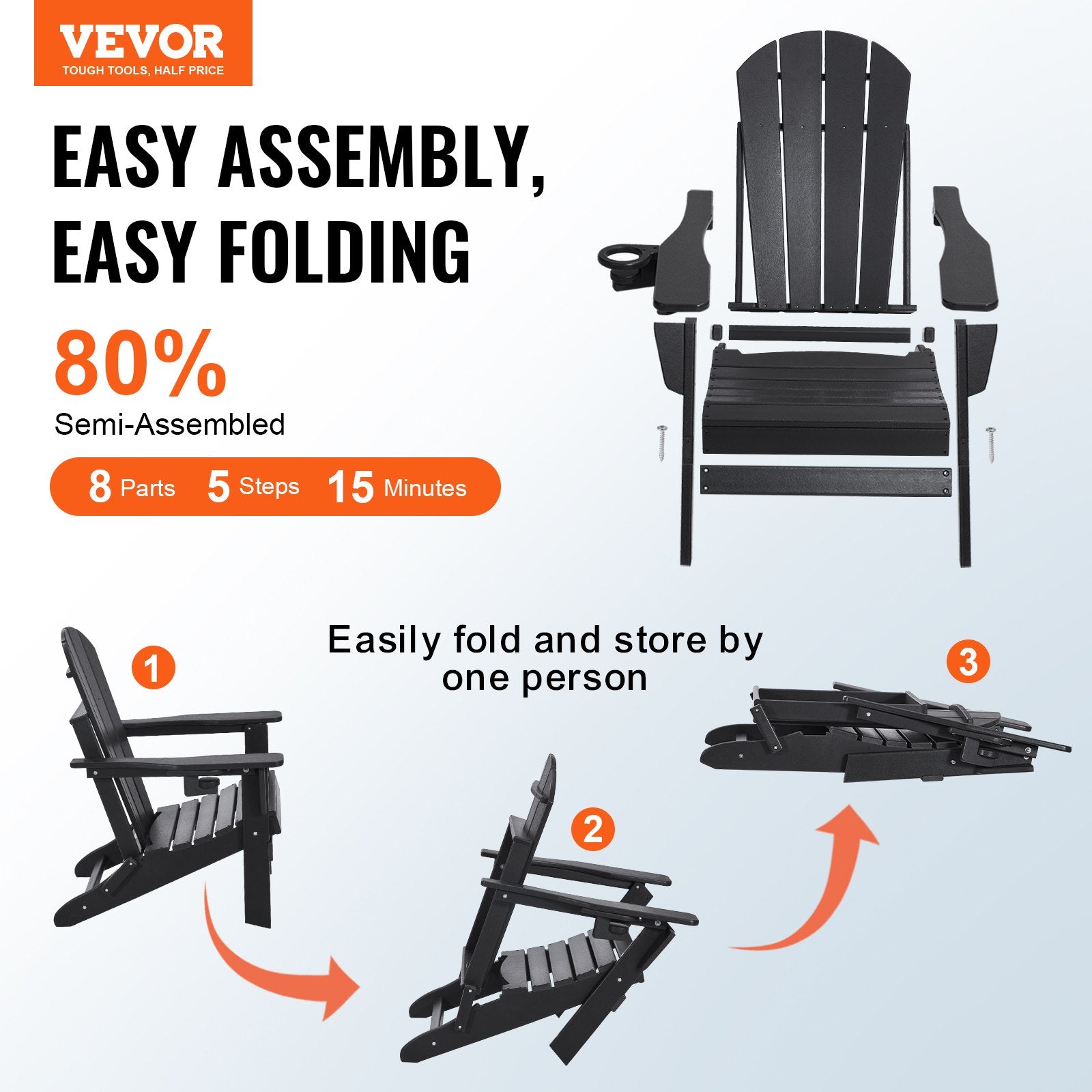 Adirondack Chair Plastic, Set of 2 All-Weather Portable Folding Fire Pit Chair, Outdoor Adirondack Patio Chair with Cup Holder, with Relaxing Arm Rest Ergonomic, for Garden, Backyard - Black - Image 2