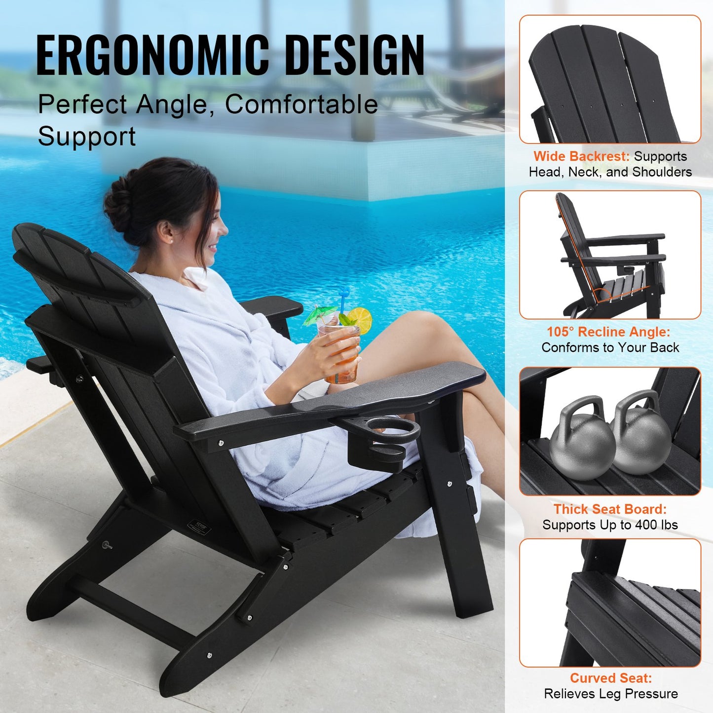 Adirondack Chair Plastic, Set of 2 All-Weather Portable Folding Fire Pit Chair, Outdoor Adirondack Patio Chair with Cup Holder, with Relaxing Arm Rest Ergonomic, for Garden, Backyard - Black - Image 4