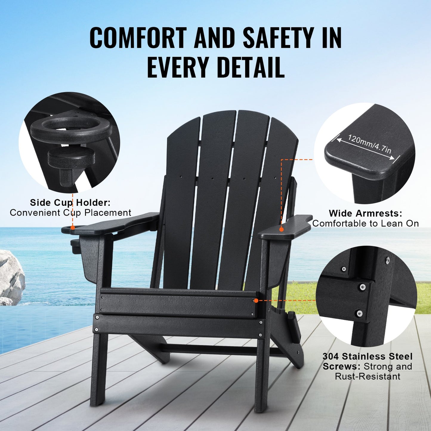 Adirondack Chair Plastic, Set of 2 All-Weather Portable Folding Fire Pit Chair, Outdoor Adirondack Patio Chair with Cup Holder, with Relaxing Arm Rest Ergonomic, for Garden, Backyard - Black - Image 5