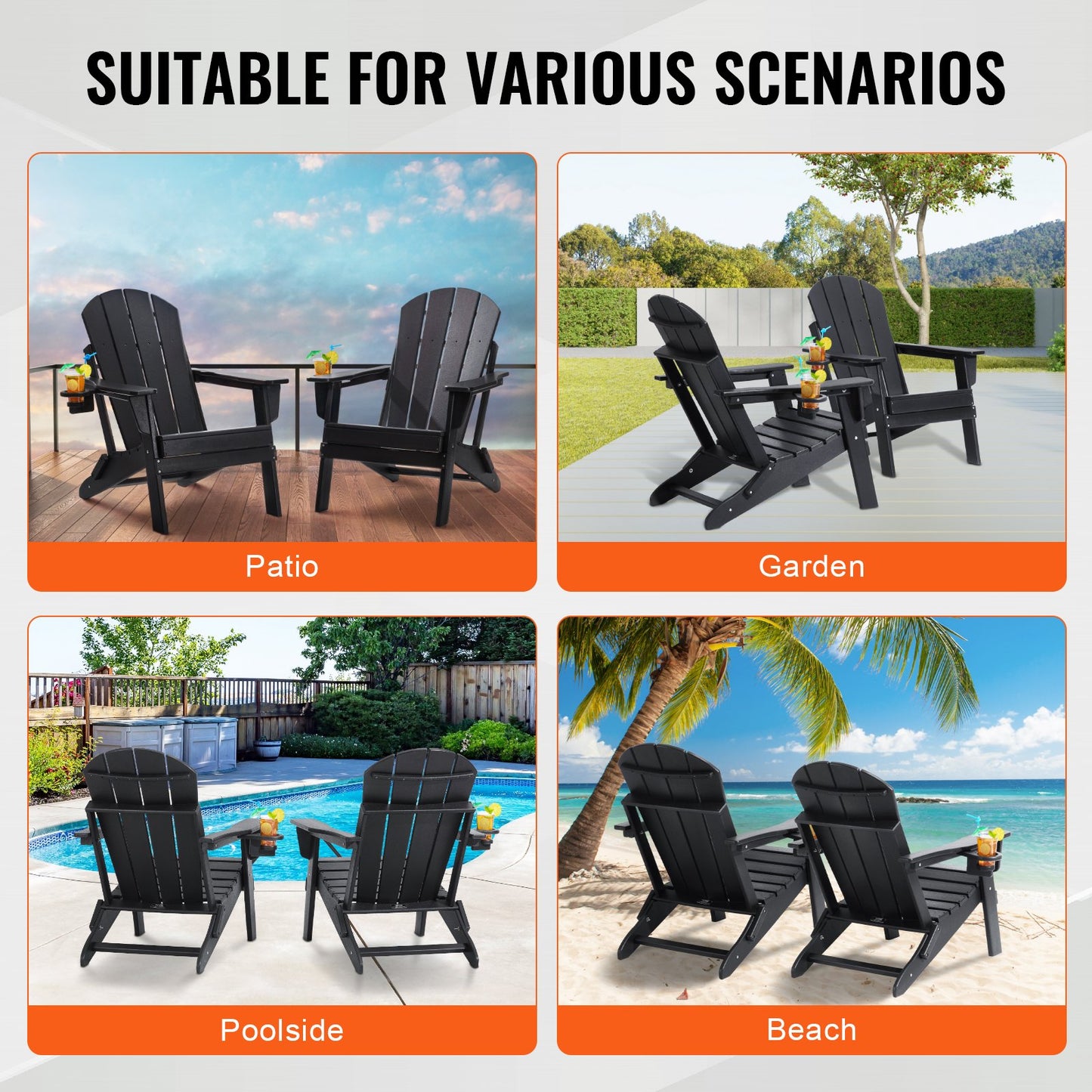 Adirondack Chair Plastic, Set of 2 All-Weather Portable Folding Fire Pit Chair, Outdoor Adirondack Patio Chair with Cup Holder, with Relaxing Arm Rest Ergonomic, for Garden, Backyard - Black - Image 6