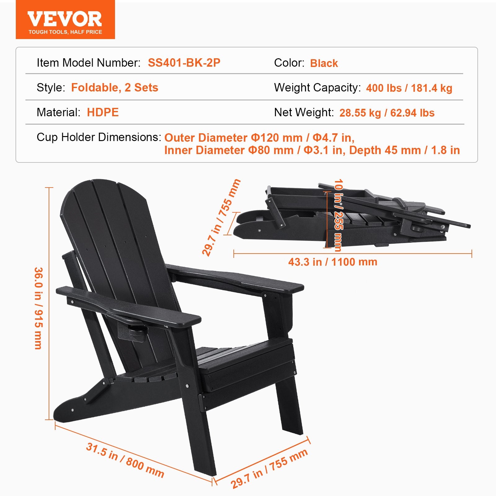 Adirondack Chair Plastic, Set of 2 All-Weather Portable Folding Fire Pit Chair, Outdoor Adirondack Patio Chair with Cup Holder, with Relaxing Arm Rest Ergonomic, for Garden, Backyard - Black - Image 7