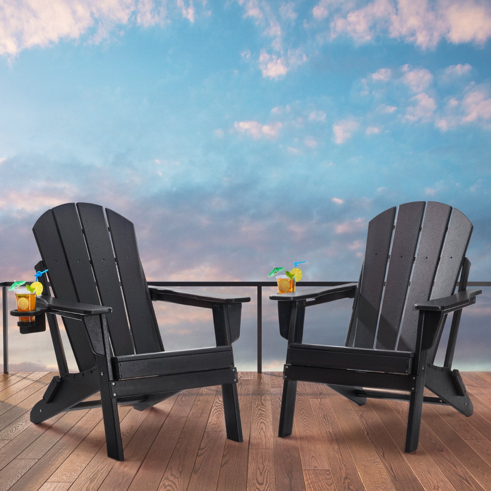 Adirondack Chair Plastic, Set of 2 All-Weather Portable Folding Fire Pit Chair, Outdoor Adirondack Patio Chair with Cup Holder, with Relaxing Arm Rest Ergonomic, for Garden, Backyard - Black - Image 8