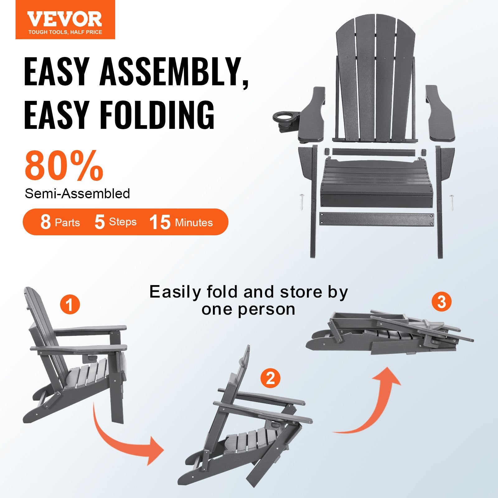 Adirondack Chair Plastic, Set of 2 All-Weather Portable Folding Fire Pit Chair, Outdoor Adirondack Patio Chair with Cup Holder, with Relaxing Arm Rest Ergonomic, for Garden, Backyard - Gray - Image 2