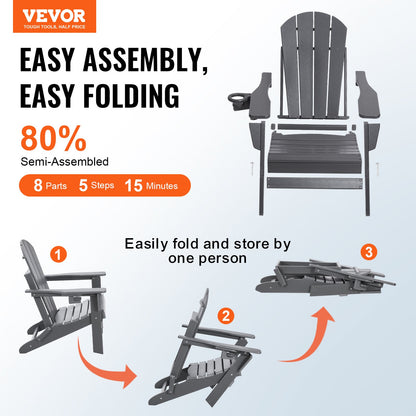 Adirondack Chair Plastic, Set of 2 All-Weather Portable Folding Fire Pit Chair, Outdoor Adirondack Patio Chair with Cup Holder, with Relaxing Arm Rest Ergonomic, for Garden, Backyard - Gray - Image 2