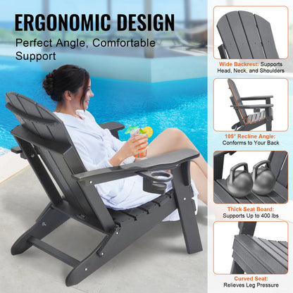 Adirondack Chair Plastic, Set of 2 All-Weather Portable Folding Fire Pit Chair, Outdoor Adirondack Patio Chair with Cup Holder, with Relaxing Arm Rest Ergonomic, for Garden, Backyard - Gray - Image 4
