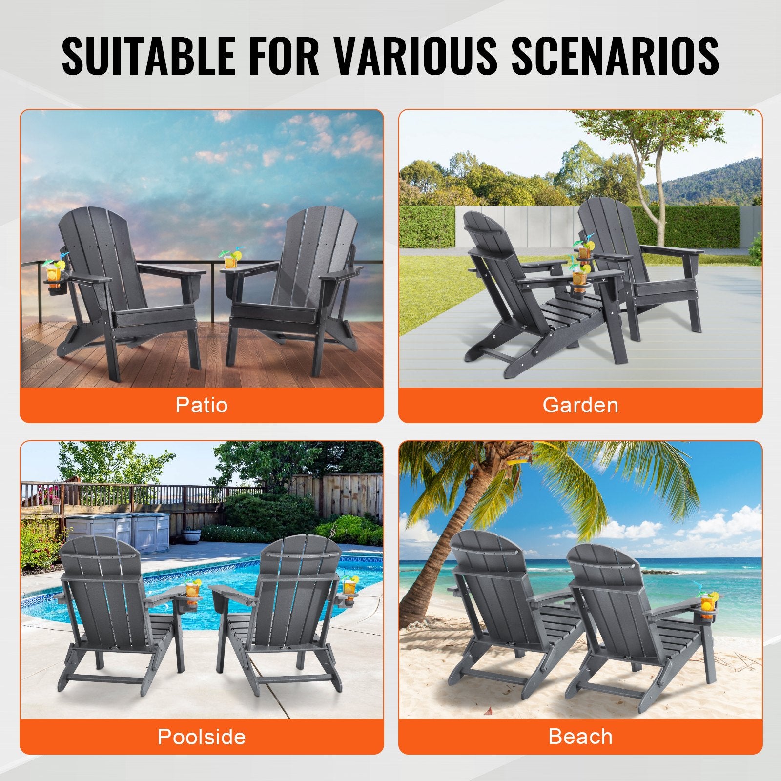 Adirondack Chair Plastic, Set of 2 All-Weather Portable Folding Fire Pit Chair, Outdoor Adirondack Patio Chair with Cup Holder, with Relaxing Arm Rest Ergonomic, for Garden, Backyard - Gray - Image 6