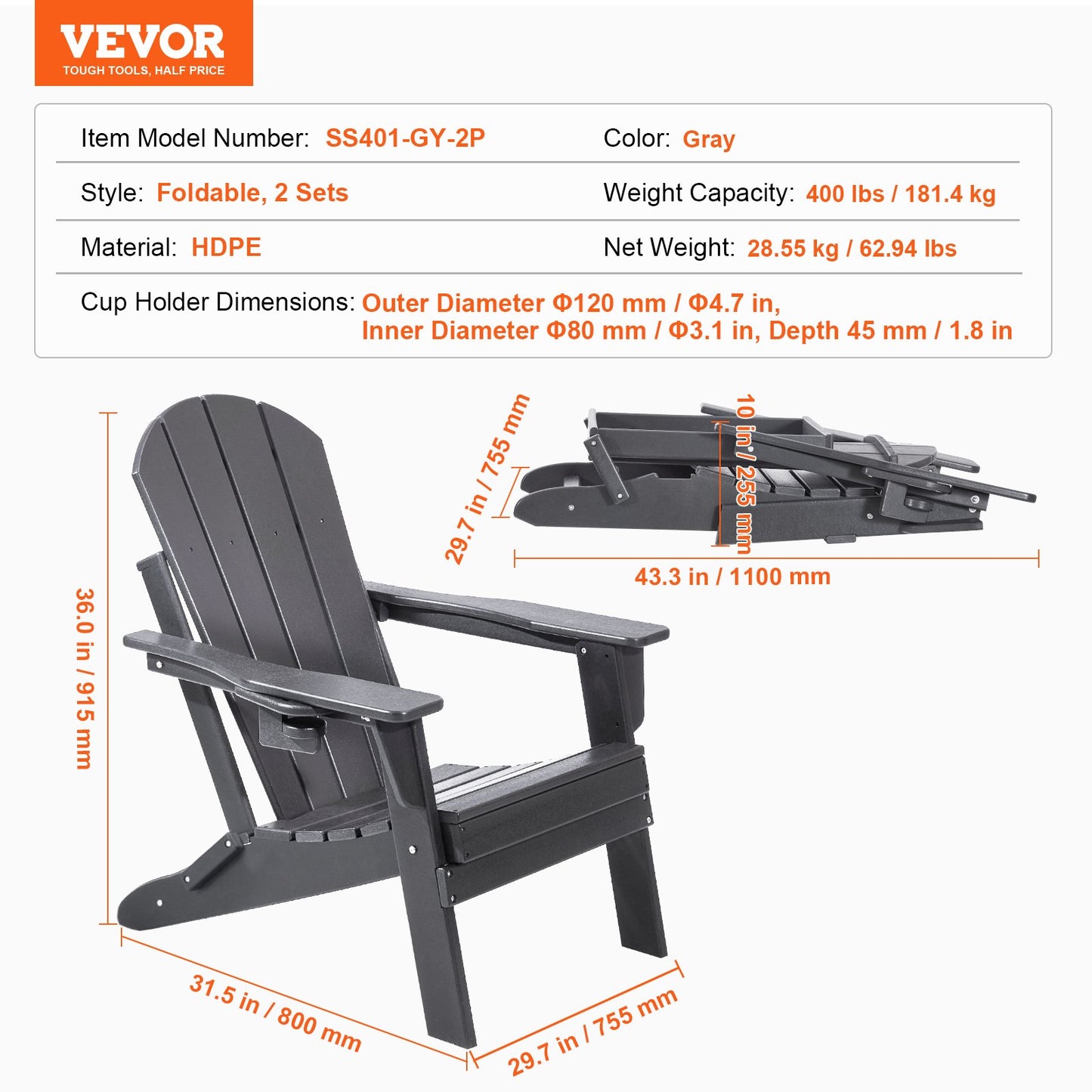 Adirondack Chair Plastic, Set of 2 All-Weather Portable Folding Fire Pit Chair, Outdoor Adirondack Patio Chair with Cup Holder, with Relaxing Arm Rest Ergonomic, for Garden, Backyard - Gray - Image 7