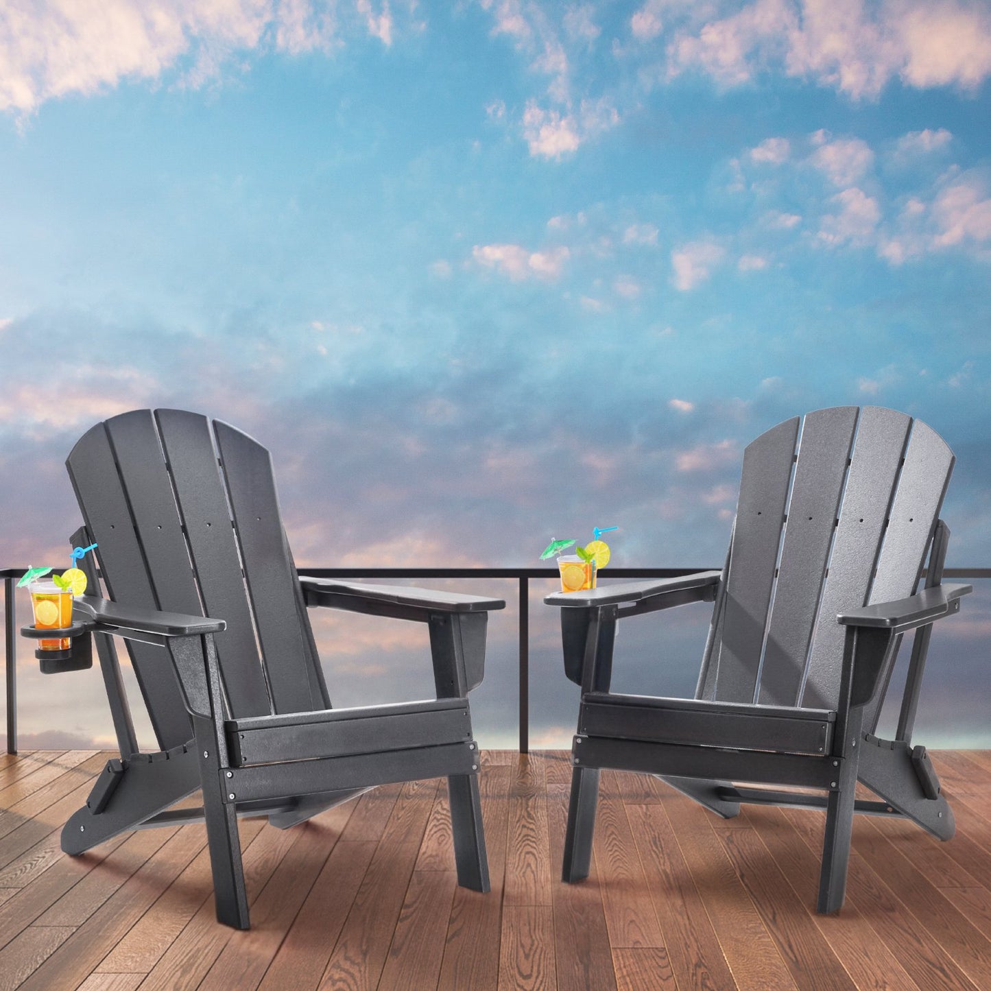 Adirondack Chair Plastic, Set of 2 All-Weather Portable Folding Fire Pit Chair, Outdoor Adirondack Patio Chair with Cup Holder, with Relaxing Arm Rest Ergonomic, for Garden, Backyard - Gray - Image 8