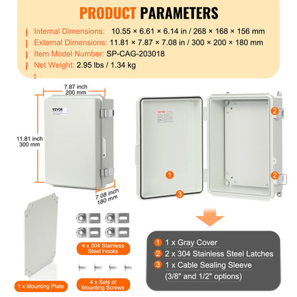 Outdoor Electrical Junction Box, 300 x 200 x 180 mm, ABS Plastic Electrical Enclosure Box with Hinged Cover Stainless Steel Latch, IP67 Dustproof Waterproof for Outdoor Electrical Projects - Image 7