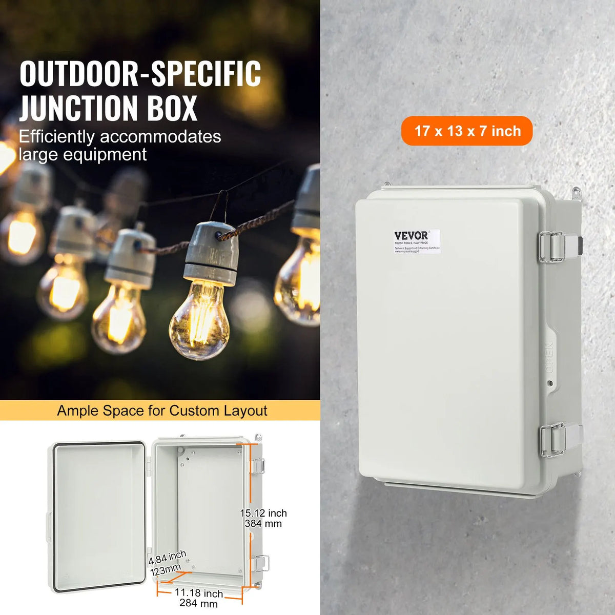 Outdoor Electrical Junction Box, 430 x 330 x 180 mm, ABS Plastic Electrical Enclosure Box with Hinged Cover Stainless Steel Latch, IP67 Dustproof Waterproof for Outdoor Electrical Projects, 17 x 13 x 7 inch - Image 2