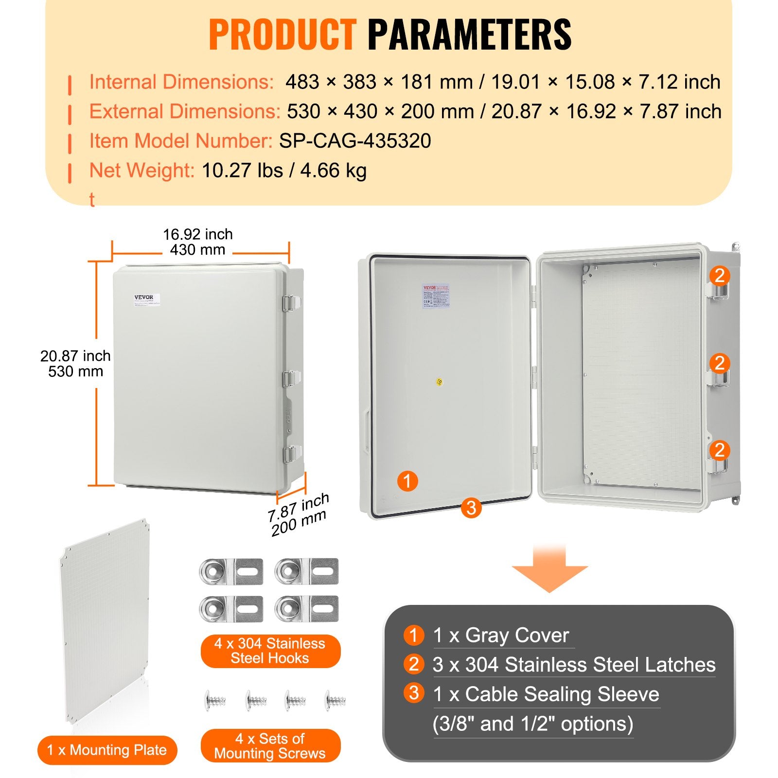 Outdoor Electrical Junction Box, 530 x 430 x 200 mm, ABS Plastic Electrical Enclosure Box with Hinged Cover Stainless Steel Latch, IP67 Dustproof Waterproof for Outdoor Electrical Projects, 21 x 17 x 8 inch - Image 7