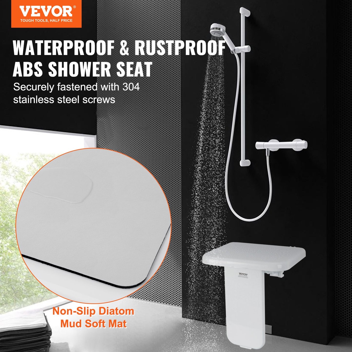 Folding ABS Shower Seat, 15.7'' x 16.7'' Unfolded, Wall Mounted Fold Up Shower Bench with 440 lbs Load Capacity, Space Saving Fold Down Shower Chair for Seniors Pregnant Women Children Adults - Image 2