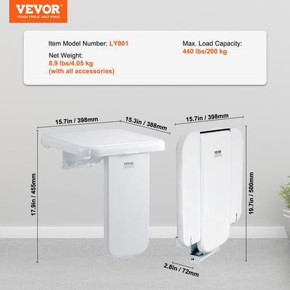 Folding ABS Shower Seat, 15.7'' x 16.7'' Unfolded, Wall Mounted Fold Up Shower Bench with 440 lbs Load Capacity, Space Saving Fold Down Shower Chair for Seniors Pregnant Women Children Adults - Image 7