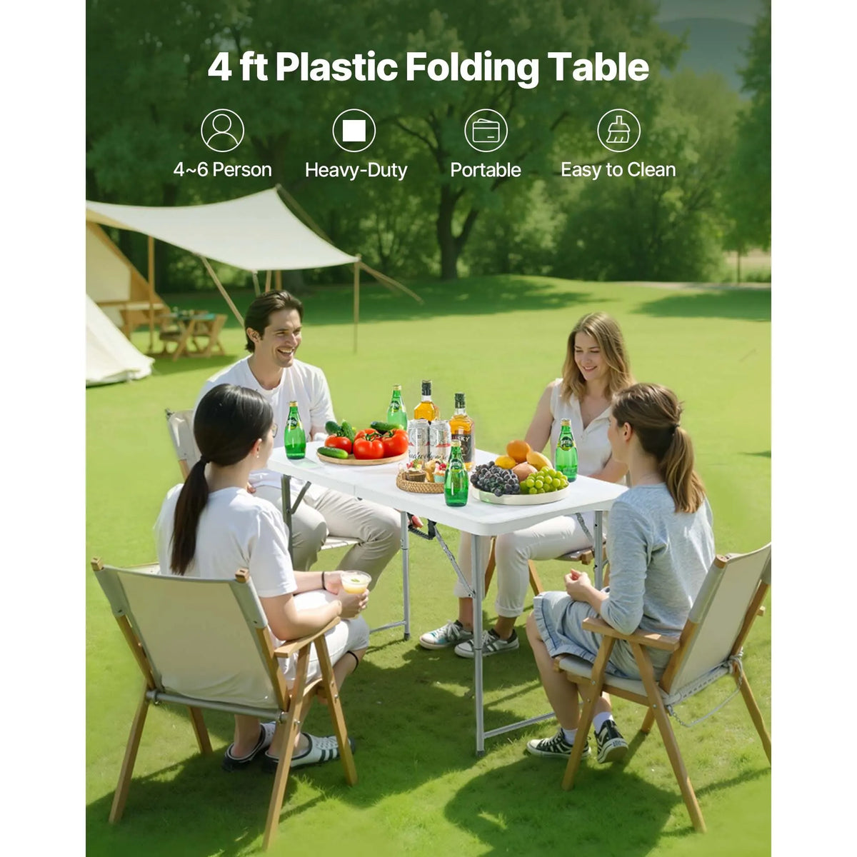 Folding Table, 4 Ft Heavy Duty Portable Fold-in-Half Utility Table, Indoor Outdoor Plastic Rectangle Table with Adjustable Height and Built in Handle, for Party, Dining, Picnic, Camping, White - Image 2