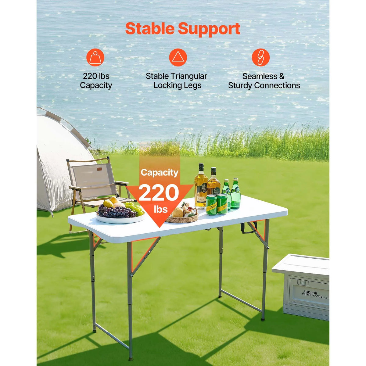 Folding Table, 4 Ft Heavy Duty Portable Fold-in-Half Utility Table, Indoor Outdoor Plastic Rectangle Table with Adjustable Height and Built in Handle, for Party, Dining, Picnic, Camping, White - Image 3