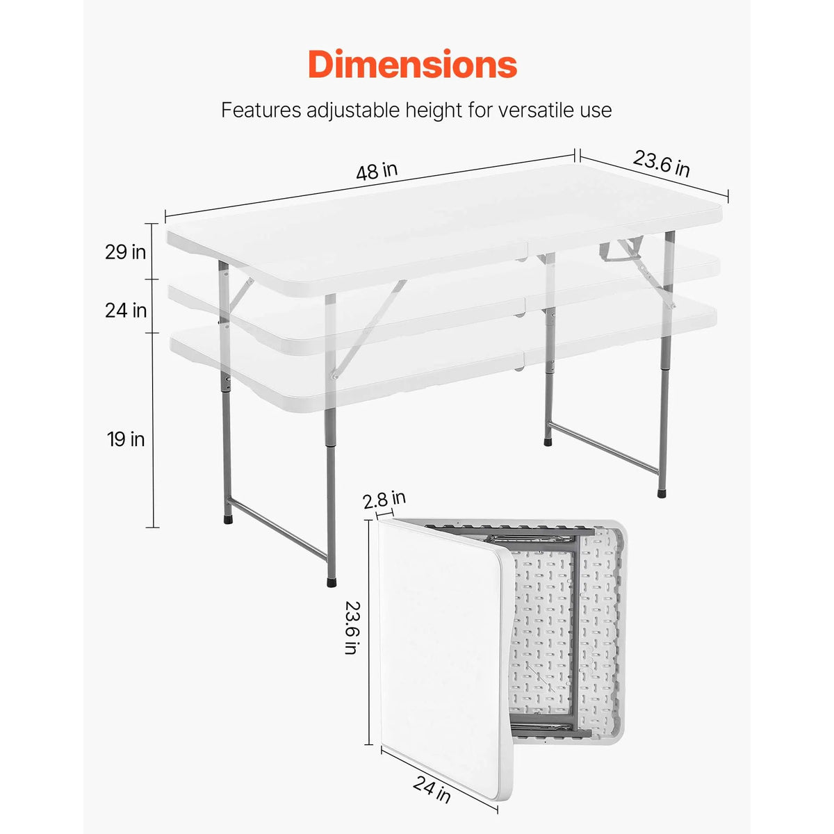 Folding Table, 4 Ft Heavy Duty Portable Fold-in-Half Utility Table, Indoor Outdoor Plastic Rectangle Table with Adjustable Height and Built in Handle, for Party, Dining, Picnic, Camping, White - Image 4
