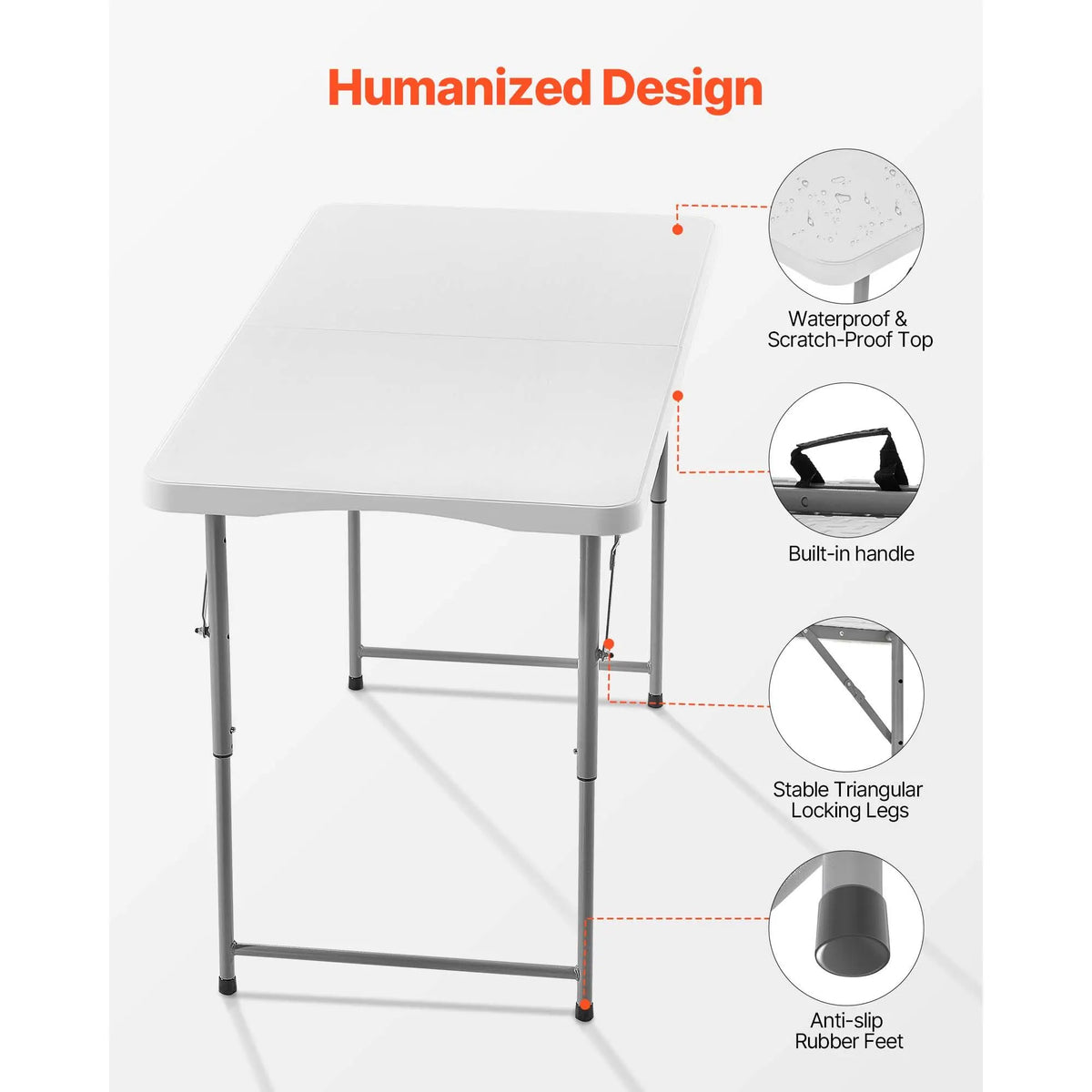 Folding Table, 4 Ft Heavy Duty Portable Fold-in-Half Utility Table, Indoor Outdoor Plastic Rectangle Table with Adjustable Height and Built in Handle, for Party, Dining, Picnic, Camping, White - Image 6