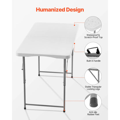 Folding Table, 4 Ft Heavy Duty Portable Fold-in-Half Utility Table, Indoor Outdoor Plastic Rectangle Table with Adjustable Height and Built in Handle, for Party, Dining, Picnic, Camping, White - Image 6