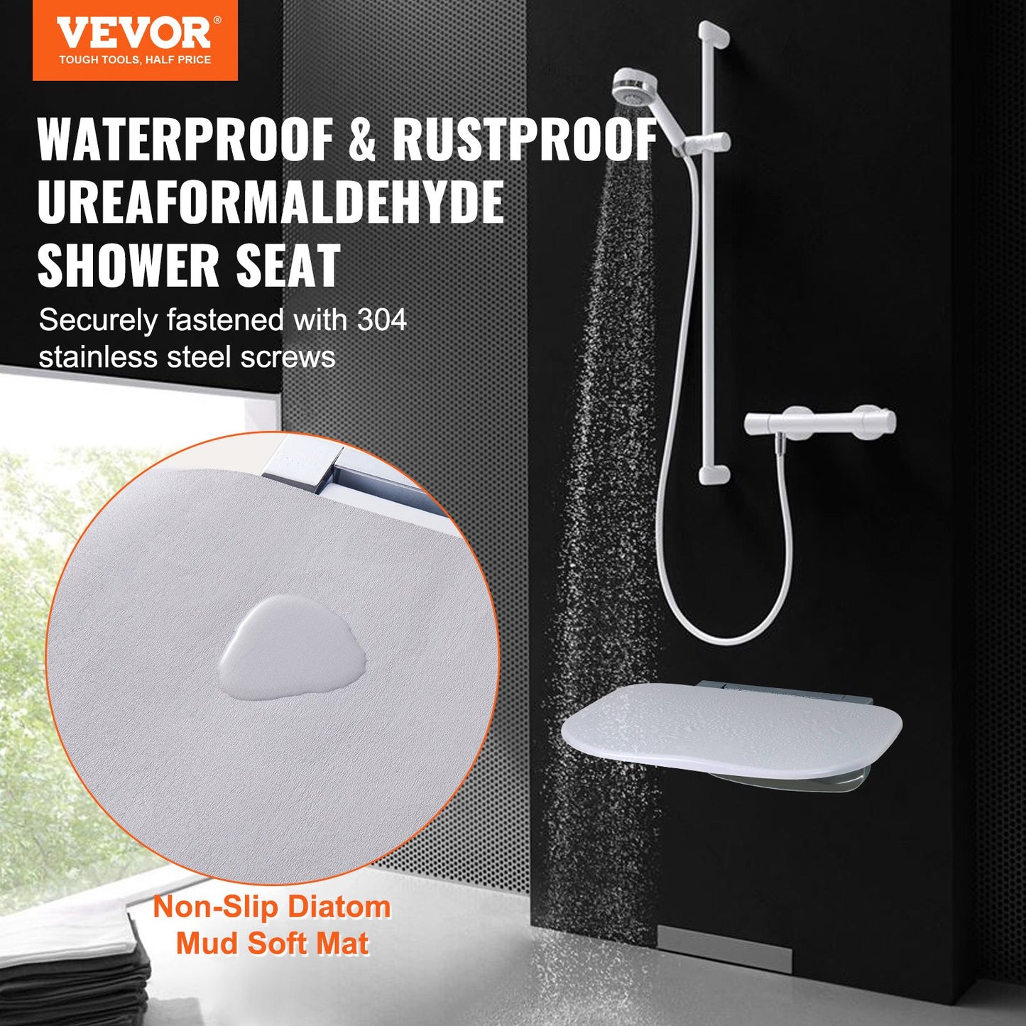 Urea-formaldehyde Folding Shower Seat, 13.6'' x 12.8'' Unfolded, Wall Mounted Fold Up Shower Bench with 450 lbs Load Capacity, Space Saving Fold Down Shower Chair for Seniors Children Adults - Image 2