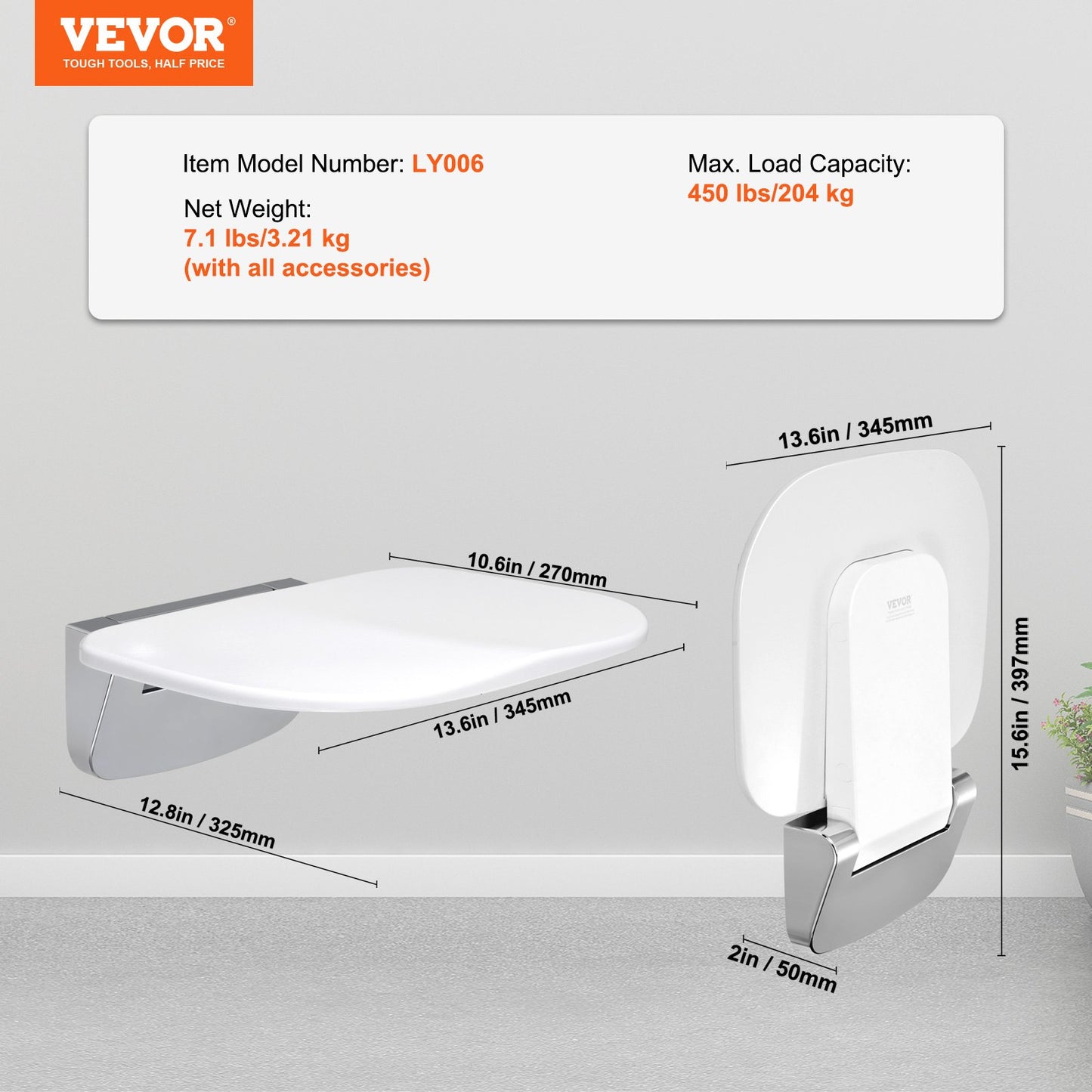 Urea-formaldehyde Folding Shower Seat, 13.6'' x 12.8'' Unfolded, Wall Mounted Fold Up Shower Bench with 450 lbs Load Capacity, Space Saving Fold Down Shower Chair for Seniors Children Adults - Image 7
