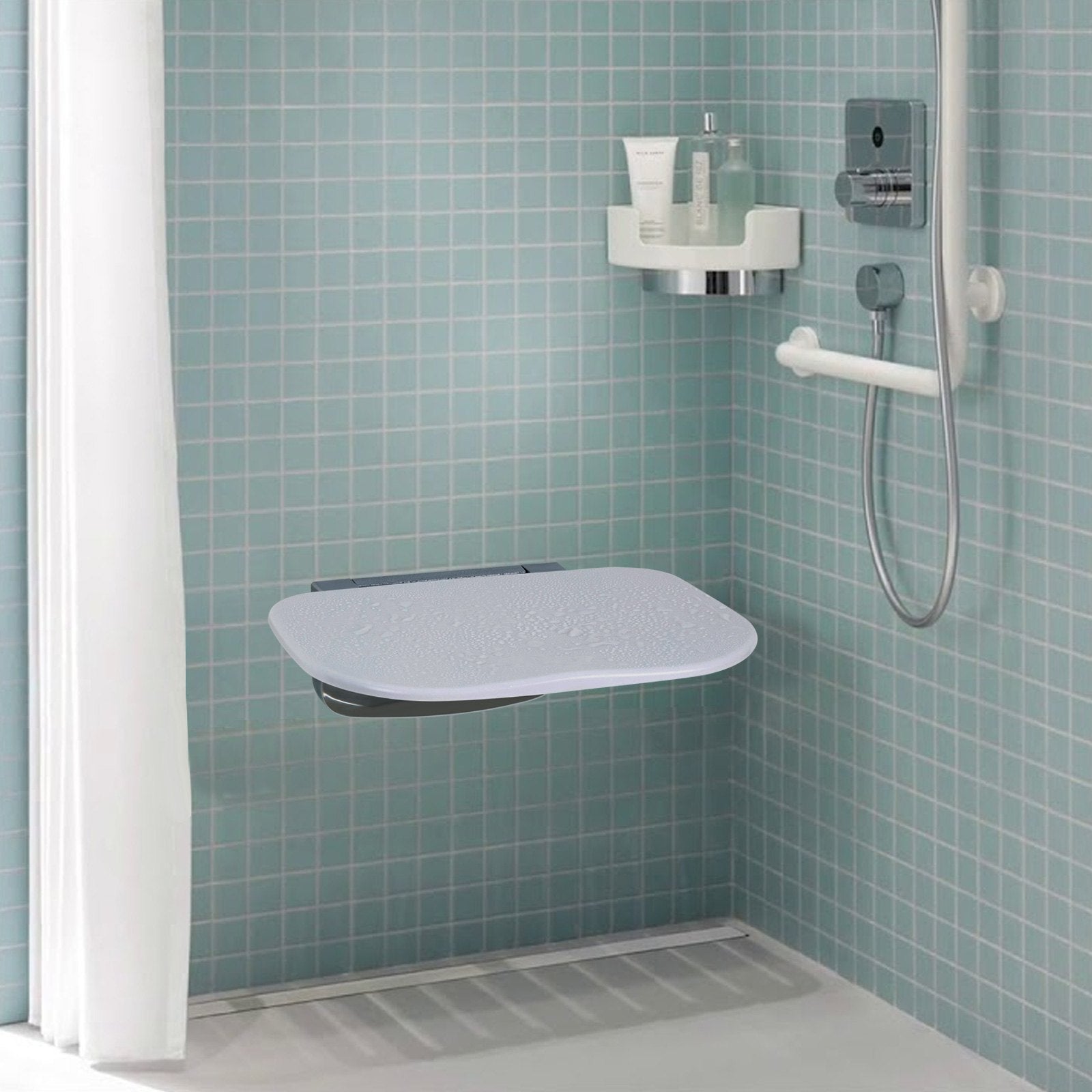 Urea-formaldehyde Folding Shower Seat, 13.6'' x 12.8'' Unfolded, Wall Mounted Fold Up Shower Bench with 450 lbs Load Capacity, Space Saving Fold Down Shower Chair for Seniors Children Adults - Image 8