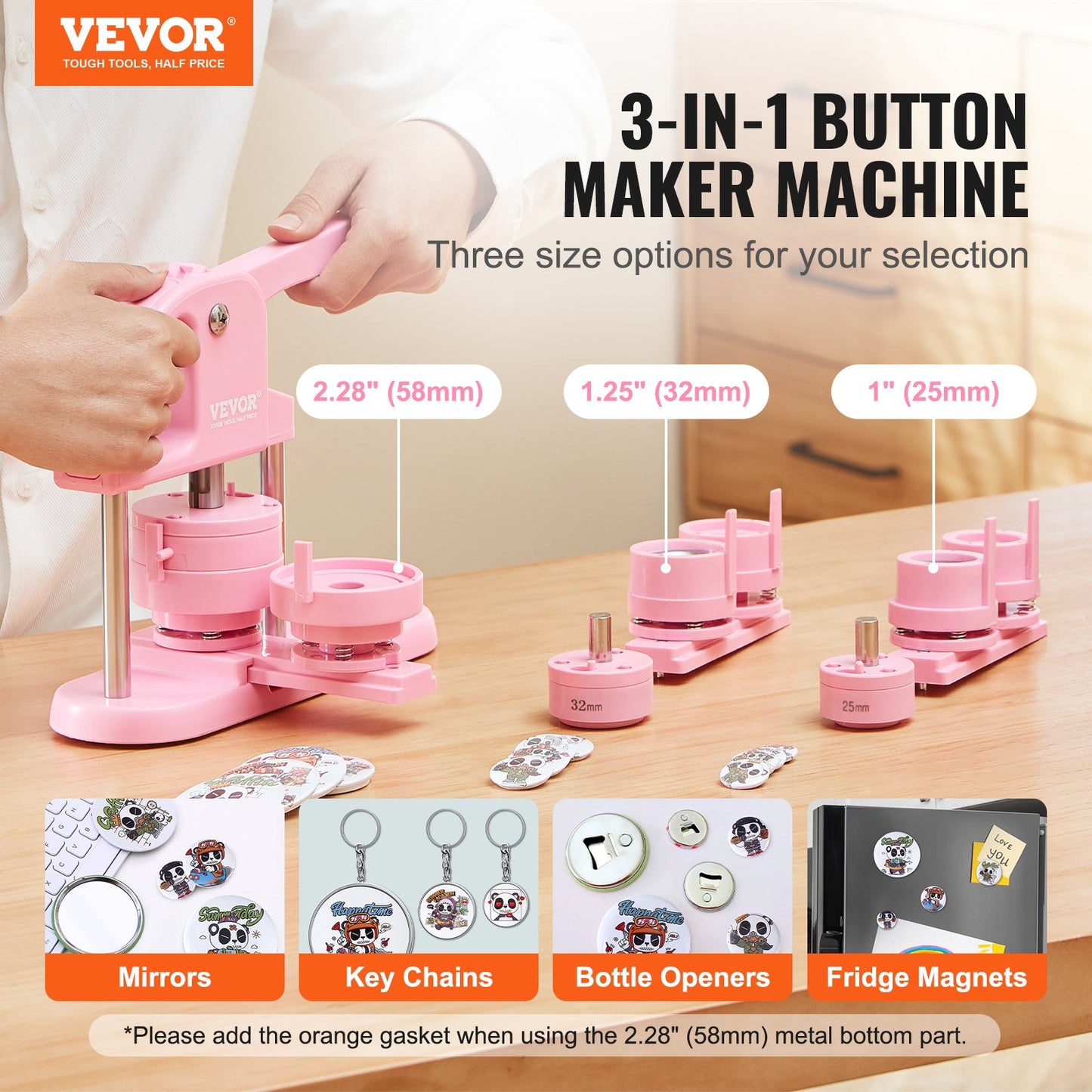 Button Maker, 1/1.25/2.28 inch(25/32/58mm) 3-IN-1 Pin Maker, 300pcs Button Parts, Button Maker Machine with Panda Magic Book, Ergonomic Arc Handle Punch Press Kit, For Children DIY Gifts, Pink - Image 2