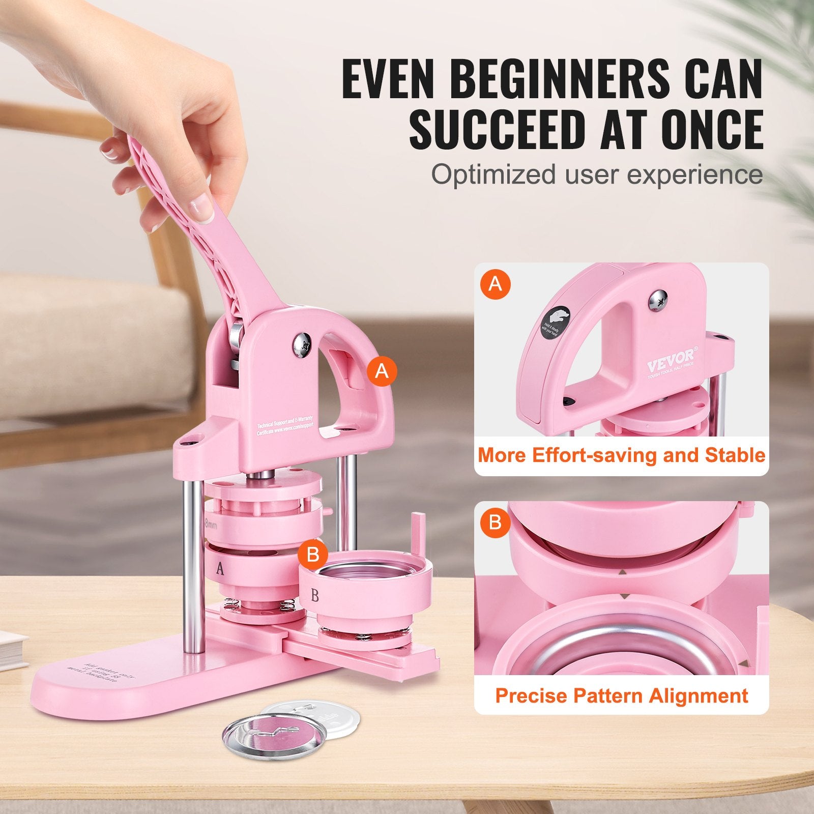 Button Maker, 1/1.25/2.28 inch(25/32/58mm) 3-IN-1 Pin Maker, 300pcs Button Parts, Button Maker Machine with Panda Magic Book, Ergonomic Arc Handle Punch Press Kit, For Children DIY Gifts, Pink - Image 3