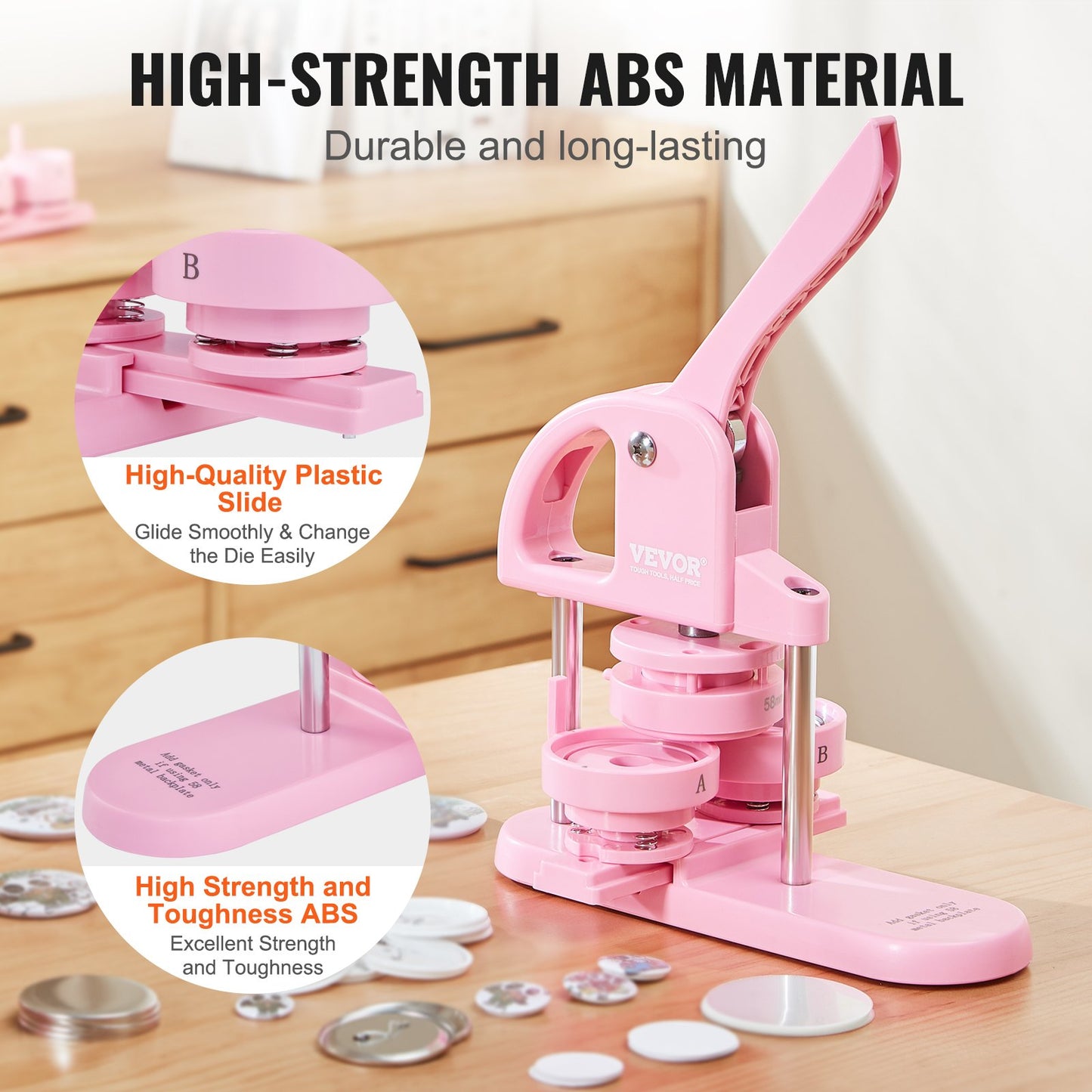 Button Maker, 1/1.25/2.28 inch(25/32/58mm) 3-IN-1 Pin Maker, 300pcs Button Parts, Button Maker Machine with Panda Magic Book, Ergonomic Arc Handle Punch Press Kit, For Children DIY Gifts, Pink - Image 4