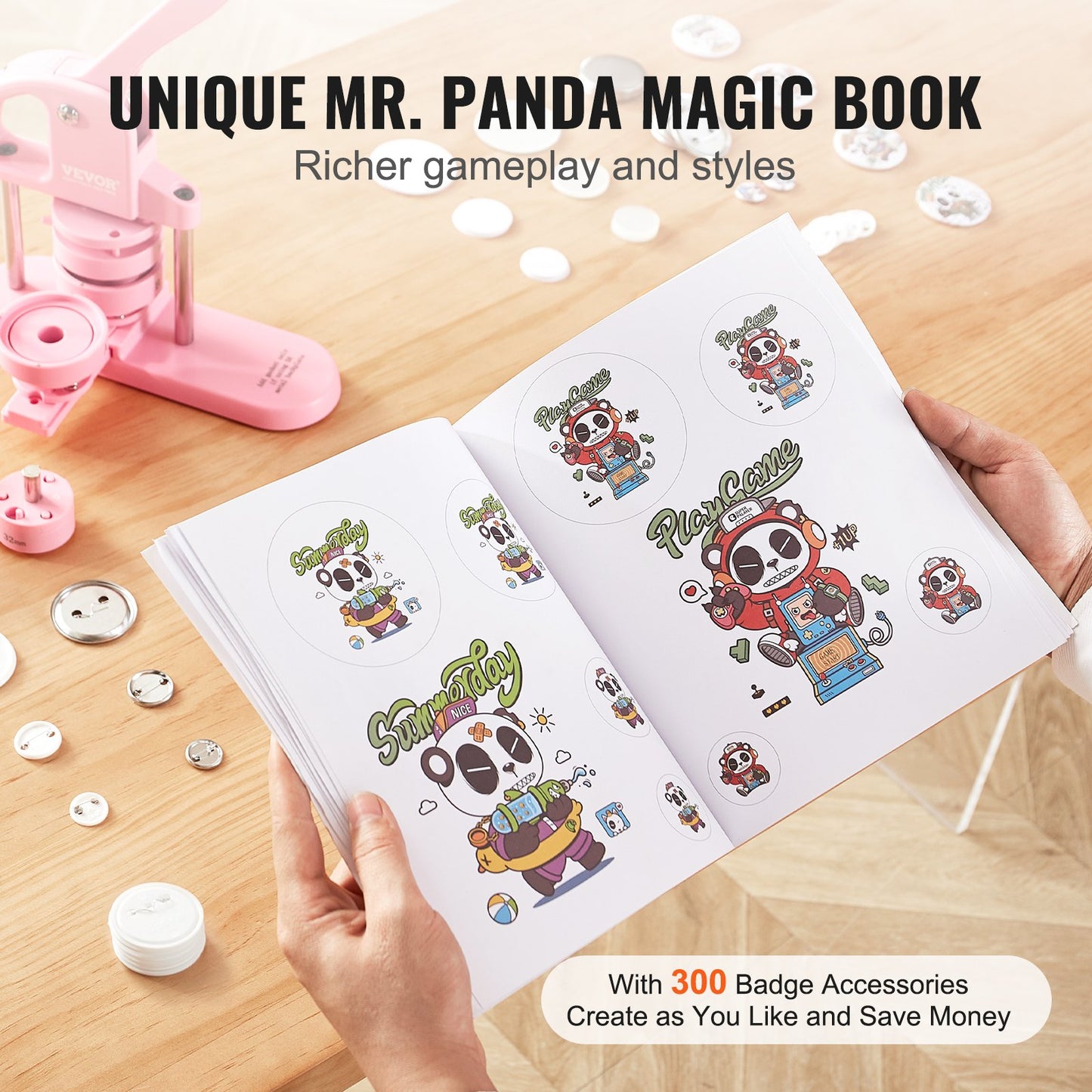 Button Maker, 1/1.25/2.28 inch(25/32/58mm) 3-IN-1 Pin Maker, 300pcs Button Parts, Button Maker Machine with Panda Magic Book, Ergonomic Arc Handle Punch Press Kit, For Children DIY Gifts, Pink - Image 5