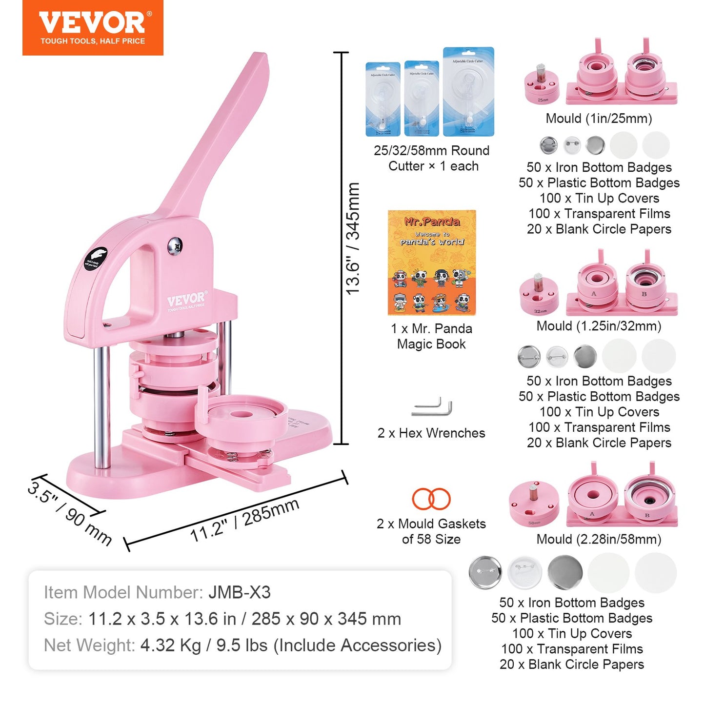 Button Maker, 1/1.25/2.28 inch(25/32/58mm) 3-IN-1 Pin Maker, 300pcs Button Parts, Button Maker Machine with Panda Magic Book, Ergonomic Arc Handle Punch Press Kit, For Children DIY Gifts, Pink - Image 7