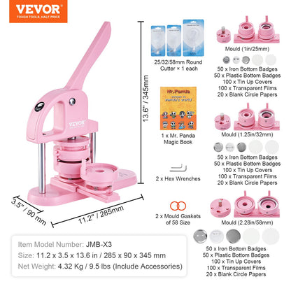 Button Maker, 1/1.25/2.28 inch(25/32/58mm) 3-IN-1 Pin Maker, 300pcs Button Parts, Button Maker Machine with Panda Magic Book, Ergonomic Arc Handle Punch Press Kit, For Children DIY Gifts, Pink - Image 7