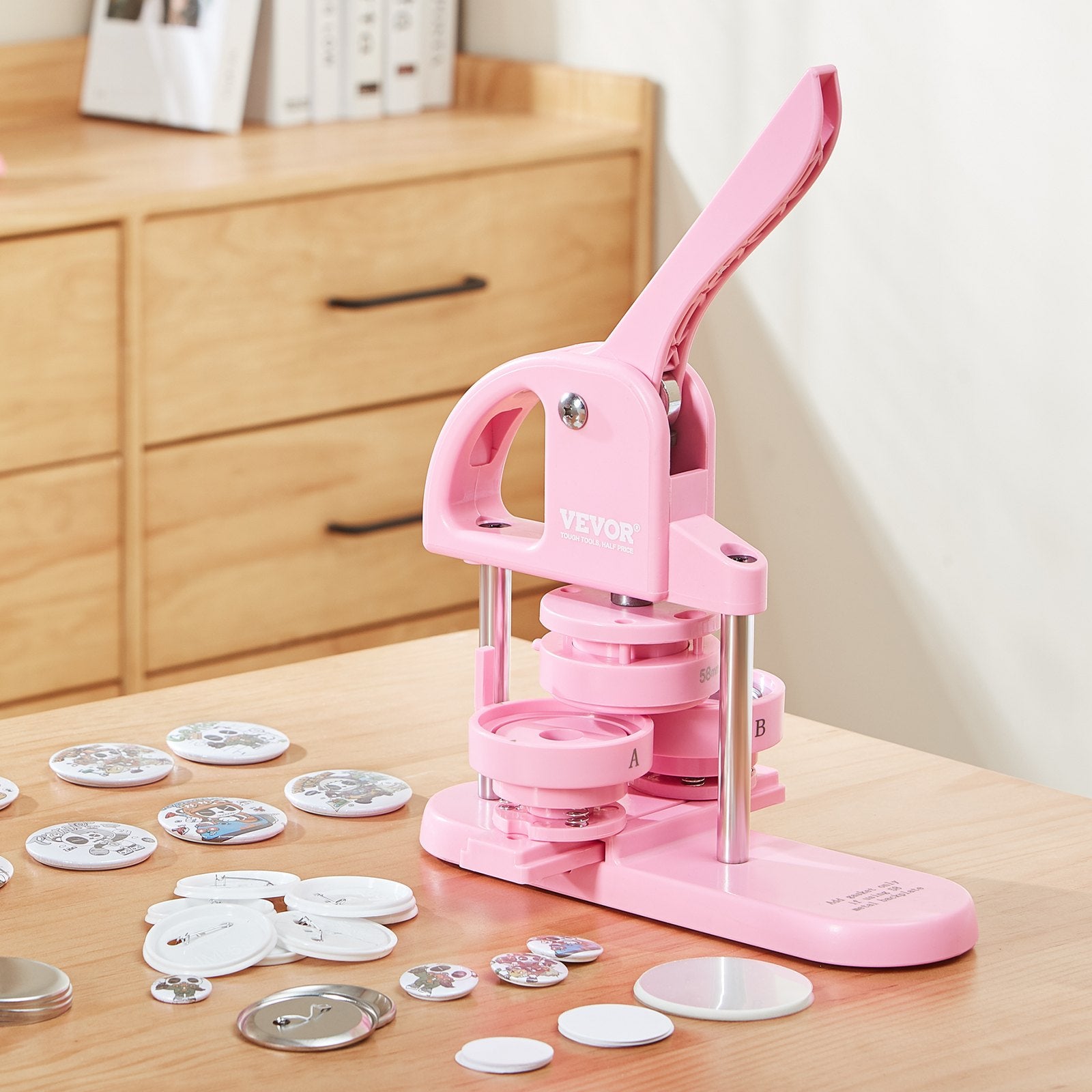 Button Maker, 1/1.25/2.28 inch(25/32/58mm) 3-IN-1 Pin Maker, 300pcs Button Parts, Button Maker Machine with Panda Magic Book, Ergonomic Arc Handle Punch Press Kit, For Children DIY Gifts, Pink - Image 8