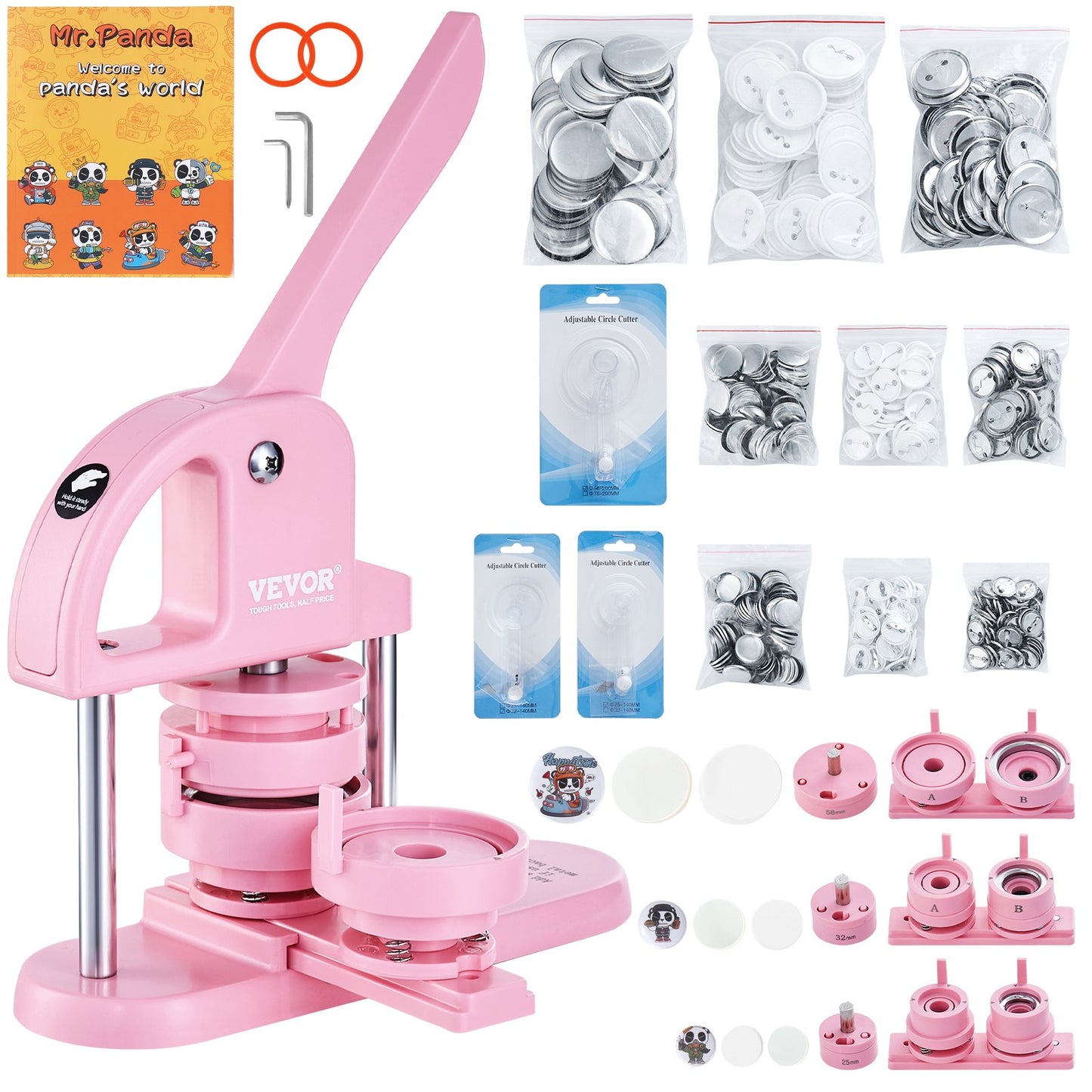 Button Maker, 1/1.25/2.28 inch(25/32/58mm) 3-IN-1 Pin Maker, 300pcs Button Parts, Button Maker Machine with Panda Magic Book, Ergonomic Arc Handle Punch Press Kit, For Children DIY Gifts, Pink - Image 9