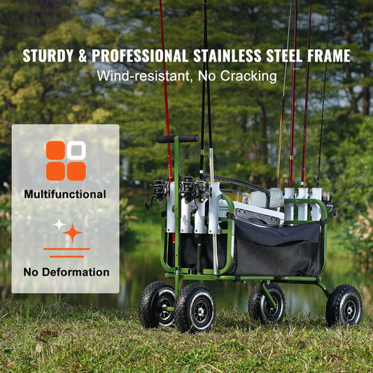 Beach Fishing Cart, 136kg Load Capacity, Foldable Fish and Marine Cart with Four 280mm Big Wheels Rubber Balloon Tires, Heavy-Duty Steel Pier Wagon Trolley with 8 Rod Holders for Picnic - Image 2