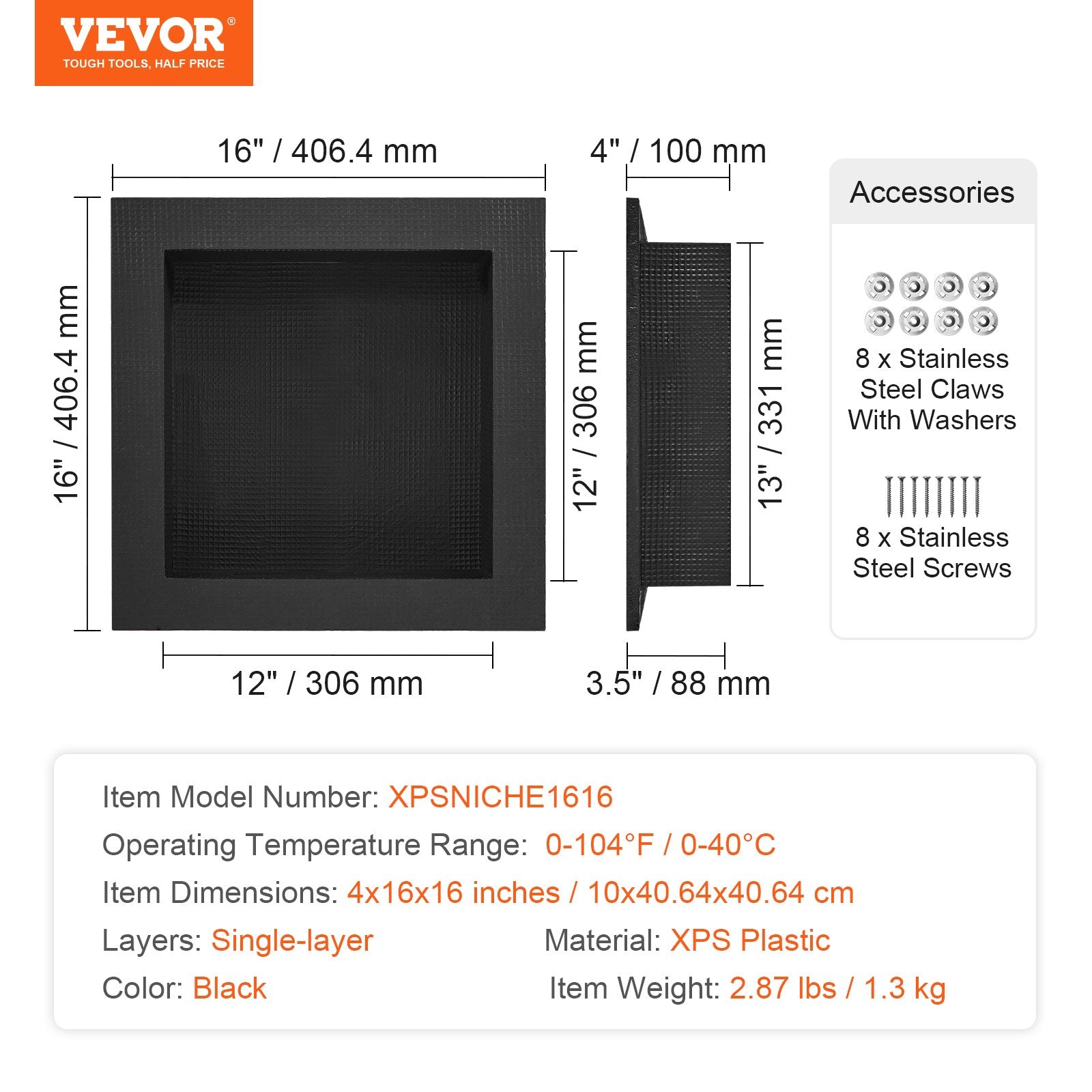 Shower Niche Ready for Tile 40.64 x 40.64 cm, Single Shelf Organizer, Square Corners Wall-inserted Niche Recessed, Sealed Protection Modern Soap Storage Niche for Shower Bathroom, Black - Image 7