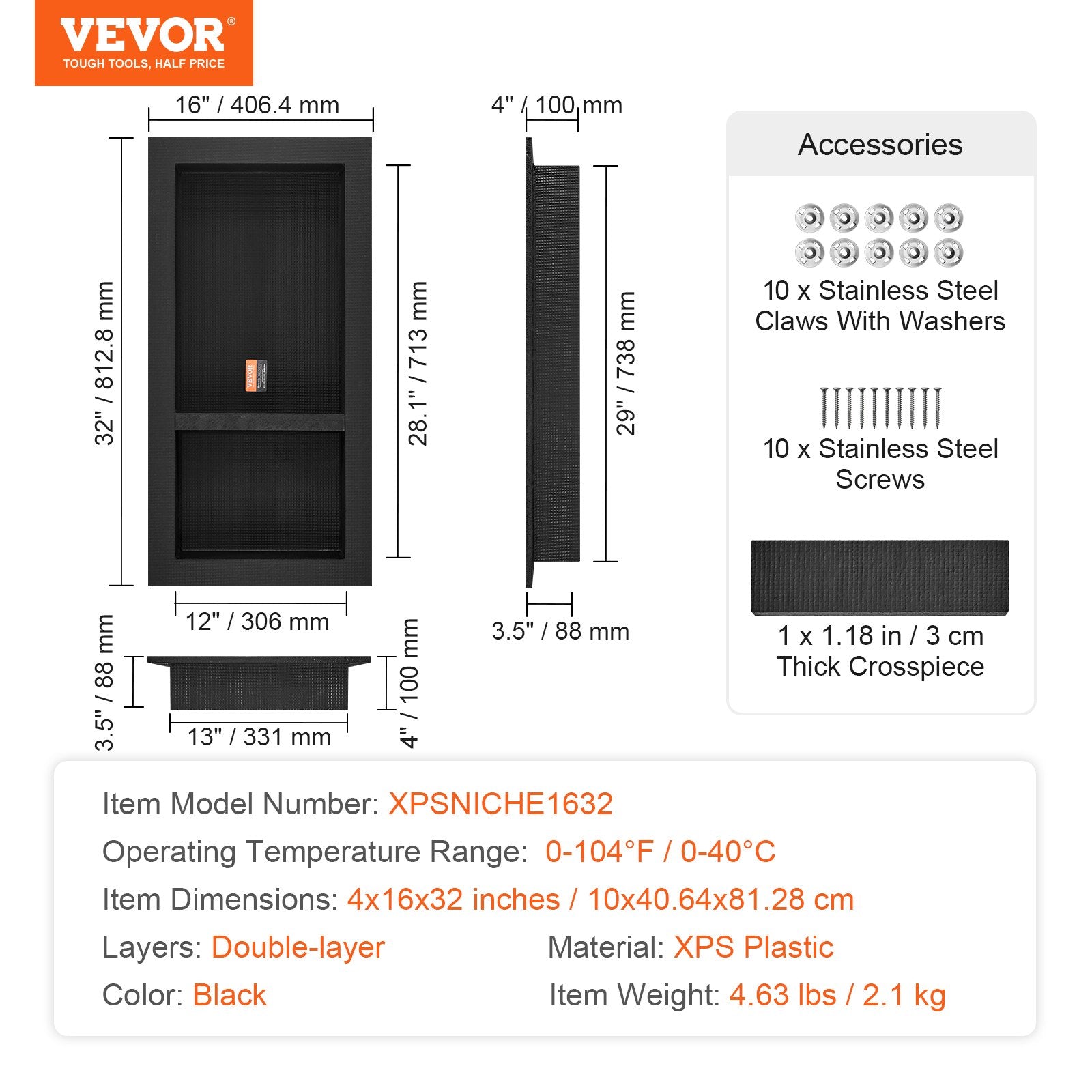 Shower Niche Ready for Tile 40.64 x 81.28 cm, Double Shelf Organizer, Square Corners Wall-inserted Niche Recessed, Sealed Protection Modern Soap Storage Niche for Shower Bathroom, Black - Image 7
