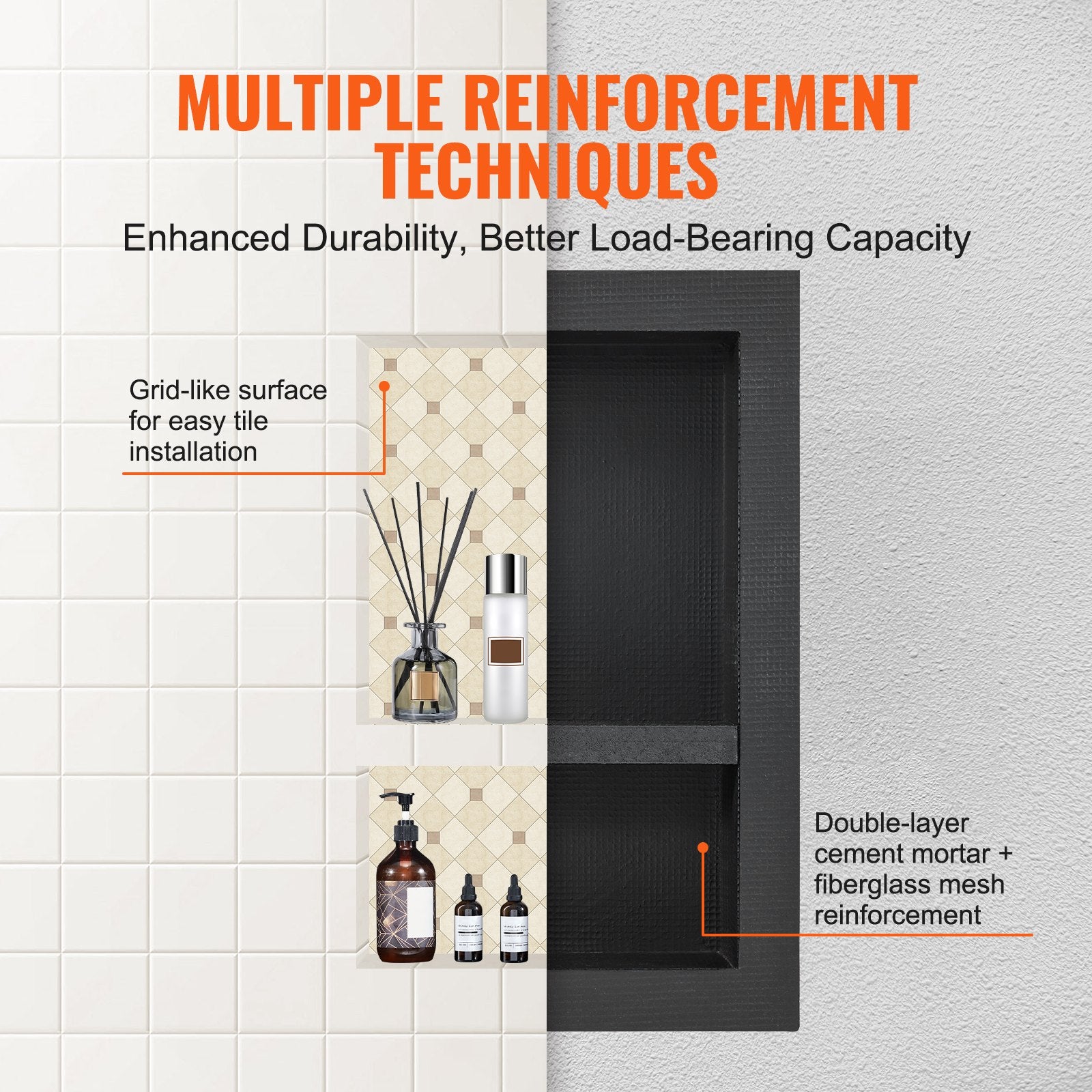Shower Niche Ready for Tile 40.64 x 60.96 cm, 16 x 24 inch Double Shelf Organizer, Square Corners Wall-inserted Niche Recessed, Sealed Protection Modern Soap Storage Niche for Shower Bathroom, Black - Image 4