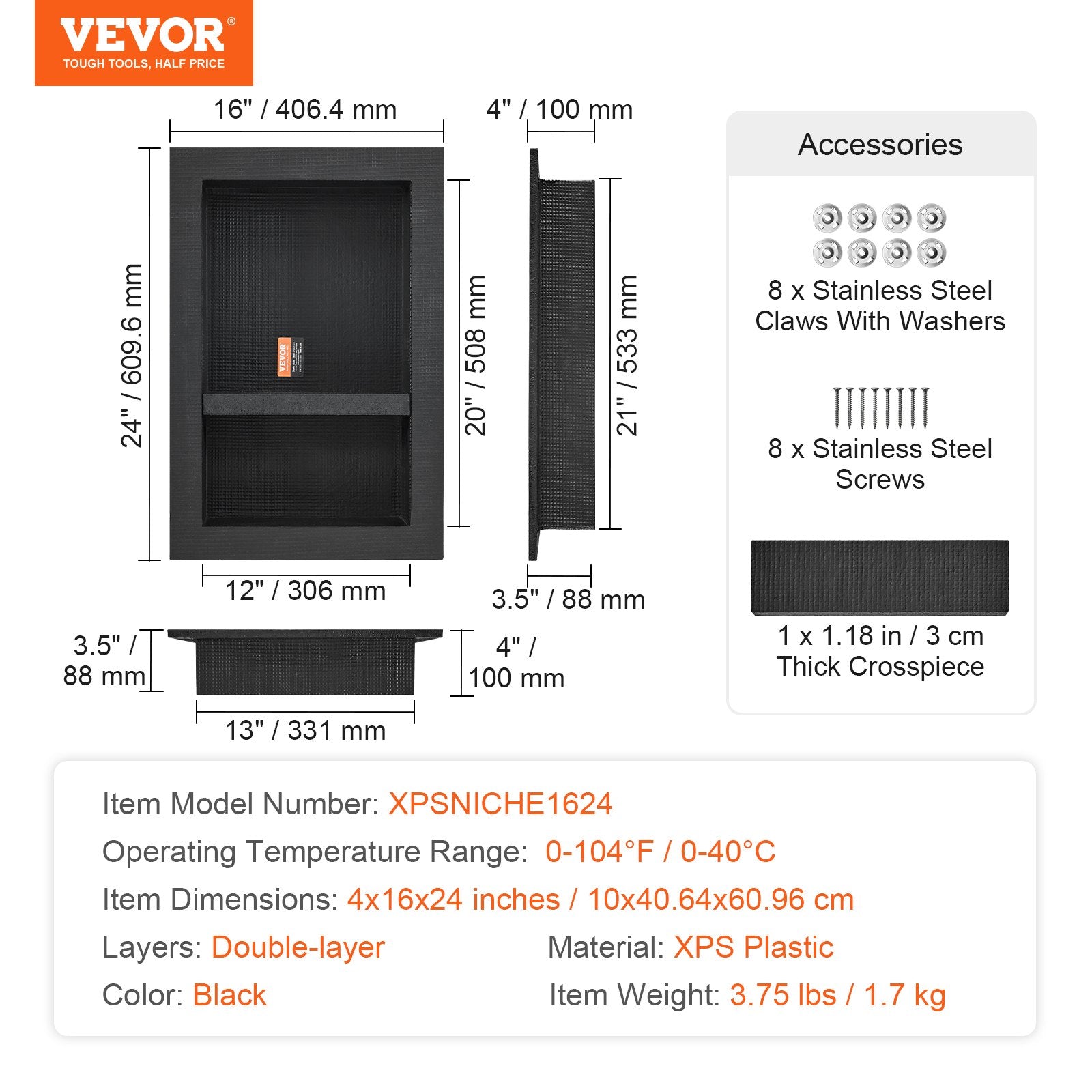 Shower Niche Ready for Tile 40.64 x 60.96 cm, 16 x 24 inch Double Shelf Organizer, Square Corners Wall-inserted Niche Recessed, Sealed Protection Modern Soap Storage Niche for Shower Bathroom, Black - Image 7