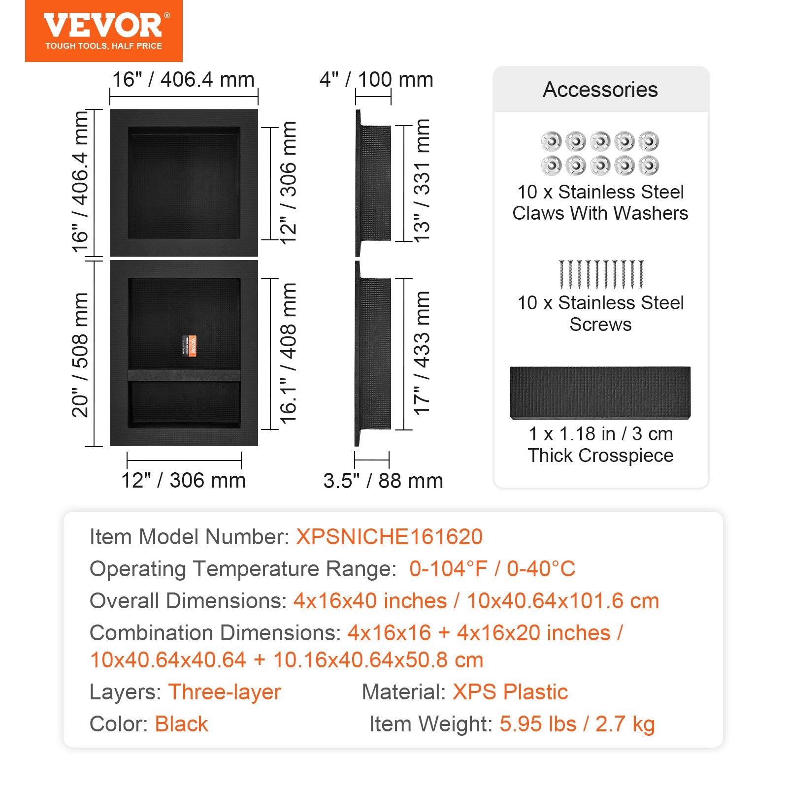 Shower Niche Ready for Tile 40.64x40.64cm & 40.64x50.8cm, Triple Shelf, Square Corners Wall-inserted Niche Recessed, Sealed Protection Modern Soap Storage Niche for Shower Bathroom, Black - Image 7