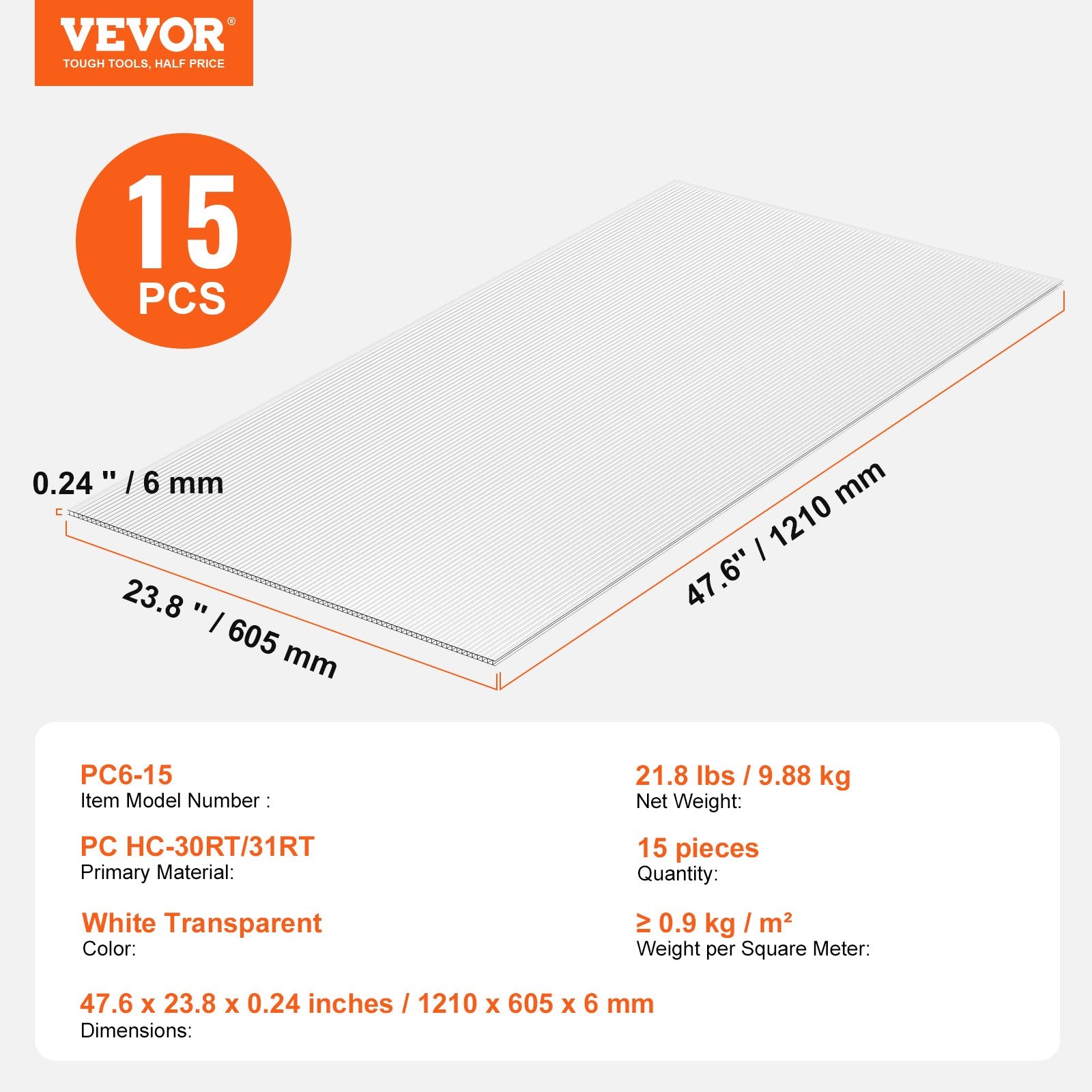 15 Pack Polycarbonate Greenhouse Panels, 2' X 4' X 0.24'' Roof Panels Sheets, Waterproof UV Protected Corrugated Plastic Roofing, Impact Resistance Clear Roofing Sheets for Greenhouse/Garden - Image 7