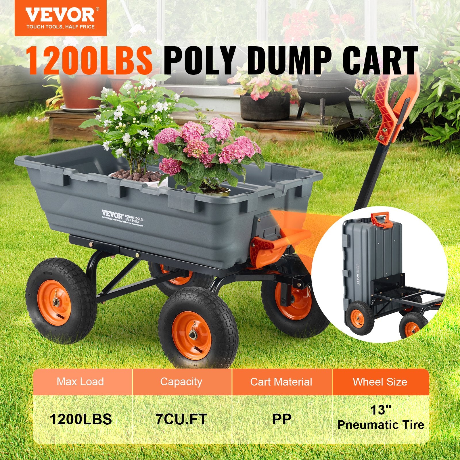Dump Cart, Poly Garden Dump Cart with Easy to Assemble Steel Frame, Dump Wagon with 2-in-1 Convertible Handle, Utility Wheelbarrow 544kg/ 1200lbs Capacity, 33cm/ 13 inch Tires - Image 2