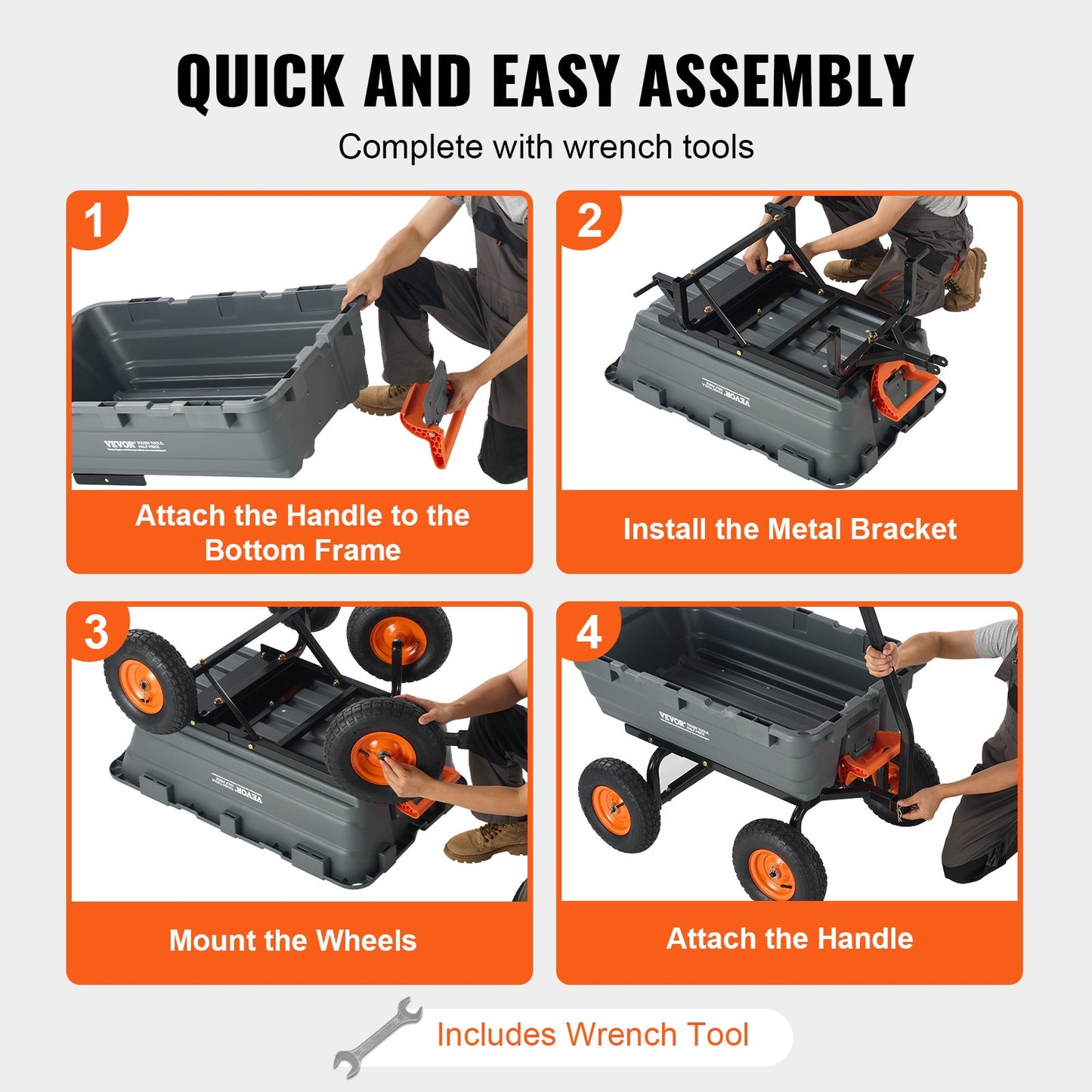 Dump Cart, Poly Garden Dump Cart with Easy to Assemble Steel Frame, Dump Wagon with 2-in-1 Convertible Handle, Utility Wheelbarrow 544kg/ 1200lbs Capacity, 33cm/ 13 inch Tires - Image 6