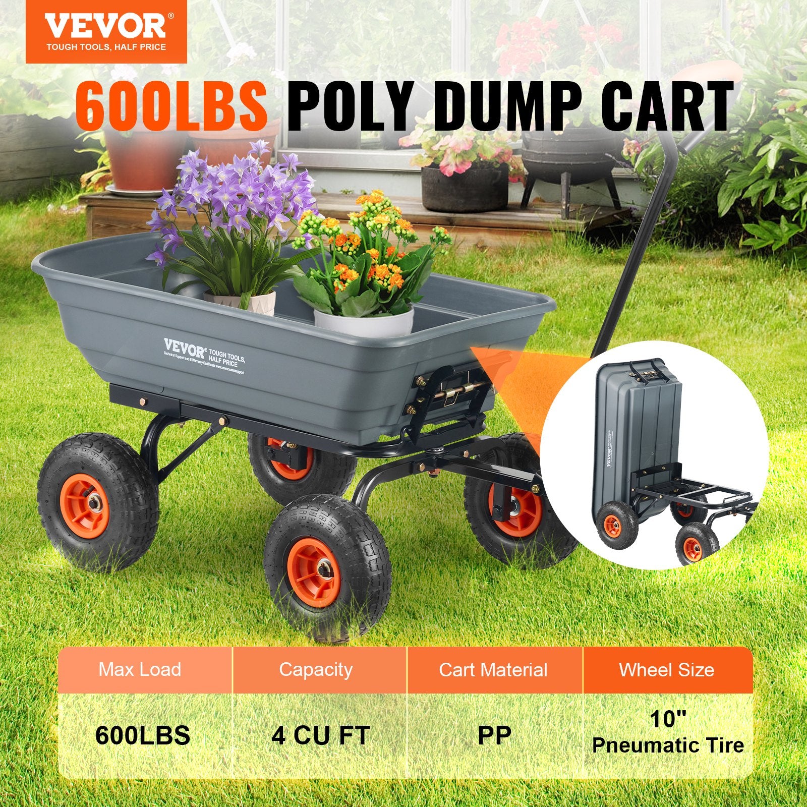 Dump Cart, Poly Garden Dump Cart with Easy to Assemble Steel Frame, Dump Wagon with 2-in-1 Convertible Handle, Utility Wheelbarrow 272kg/ 600lbs Capacity, 25.5cm/ 10 inch Tires - Image 2