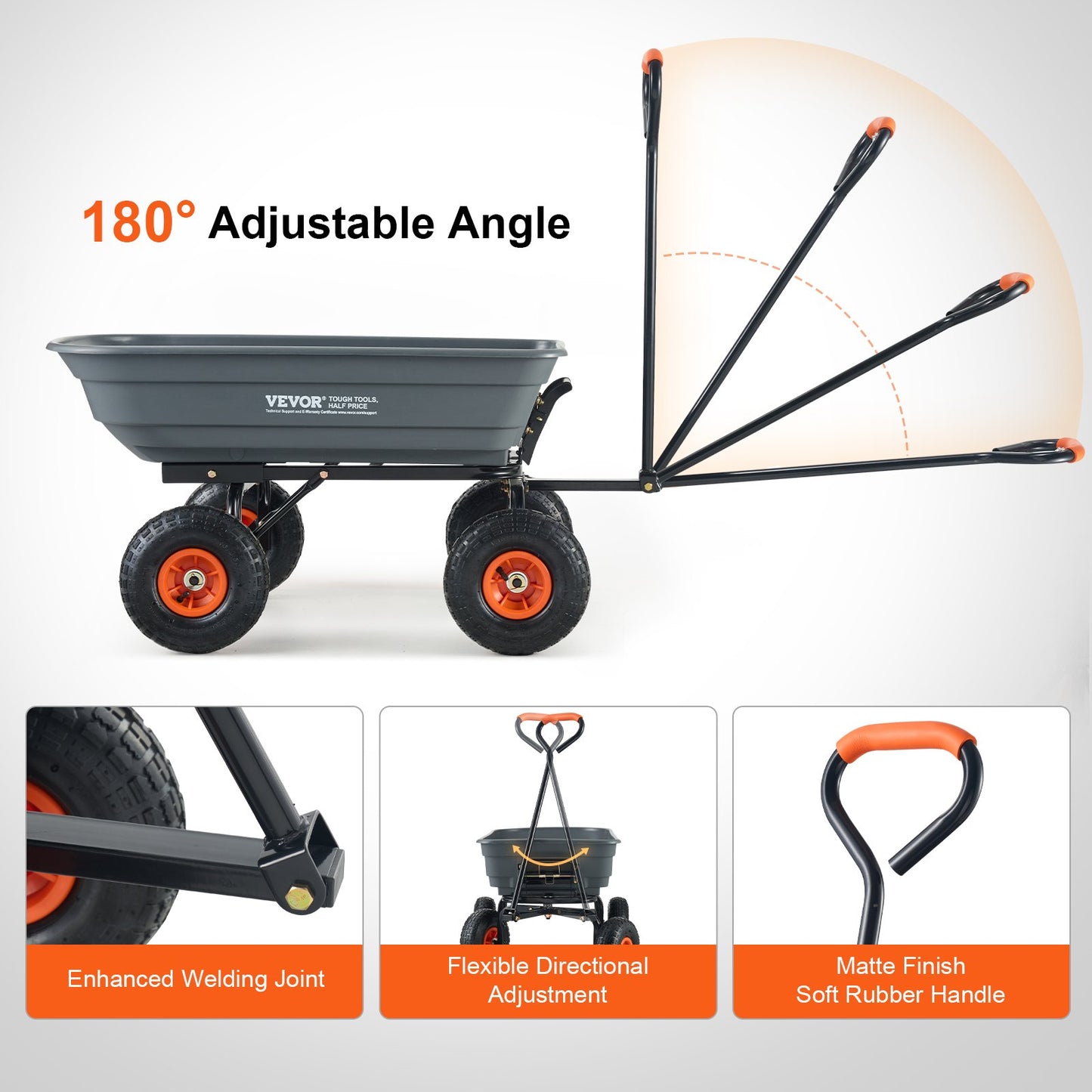 Dump Cart, Poly Garden Dump Cart with Easy to Assemble Steel Frame, Dump Wagon with 2-in-1 Convertible Handle, Utility Wheelbarrow 272kg/ 600lbs Capacity, 25.5cm/ 10 inch Tires - Image 7