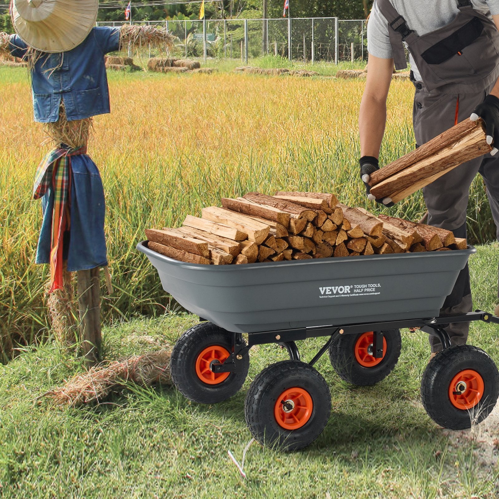 Dump Cart, Poly Garden Dump Cart with Easy to Assemble Steel Frame, Dump Wagon with 2-in-1 Convertible Handle, Utility Wheelbarrow 272kg/ 600lbs Capacity, 25.5cm/ 10 inch Tires - Image 8