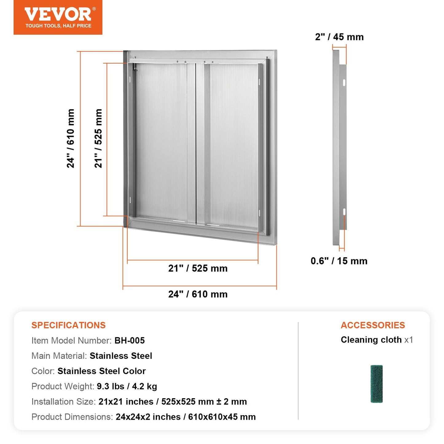 BBQ Access Door, 610x610 mm Double Outdoor Kitchen Door, Stainless Steel Flush Mount Door, Wall Vertical Door with Recessed Handles , for BBQ Island, Grilling Station, Outside Cabinet - Image 7